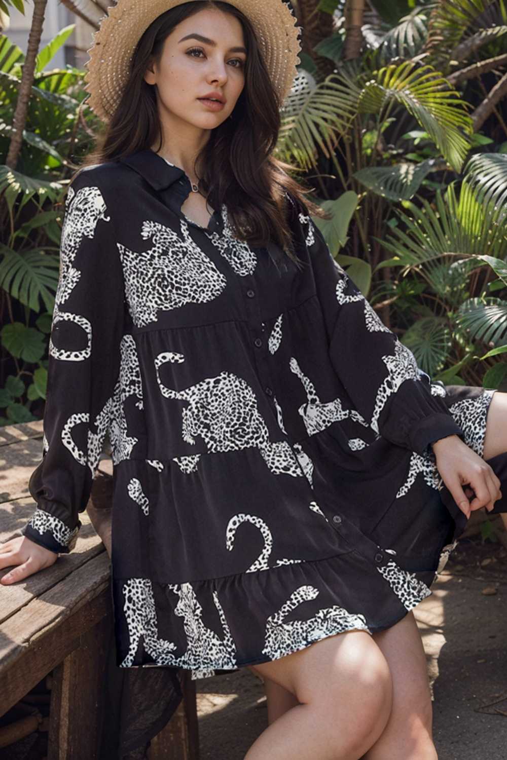 leopard print collared button up shirt dress with ruffled sleeves