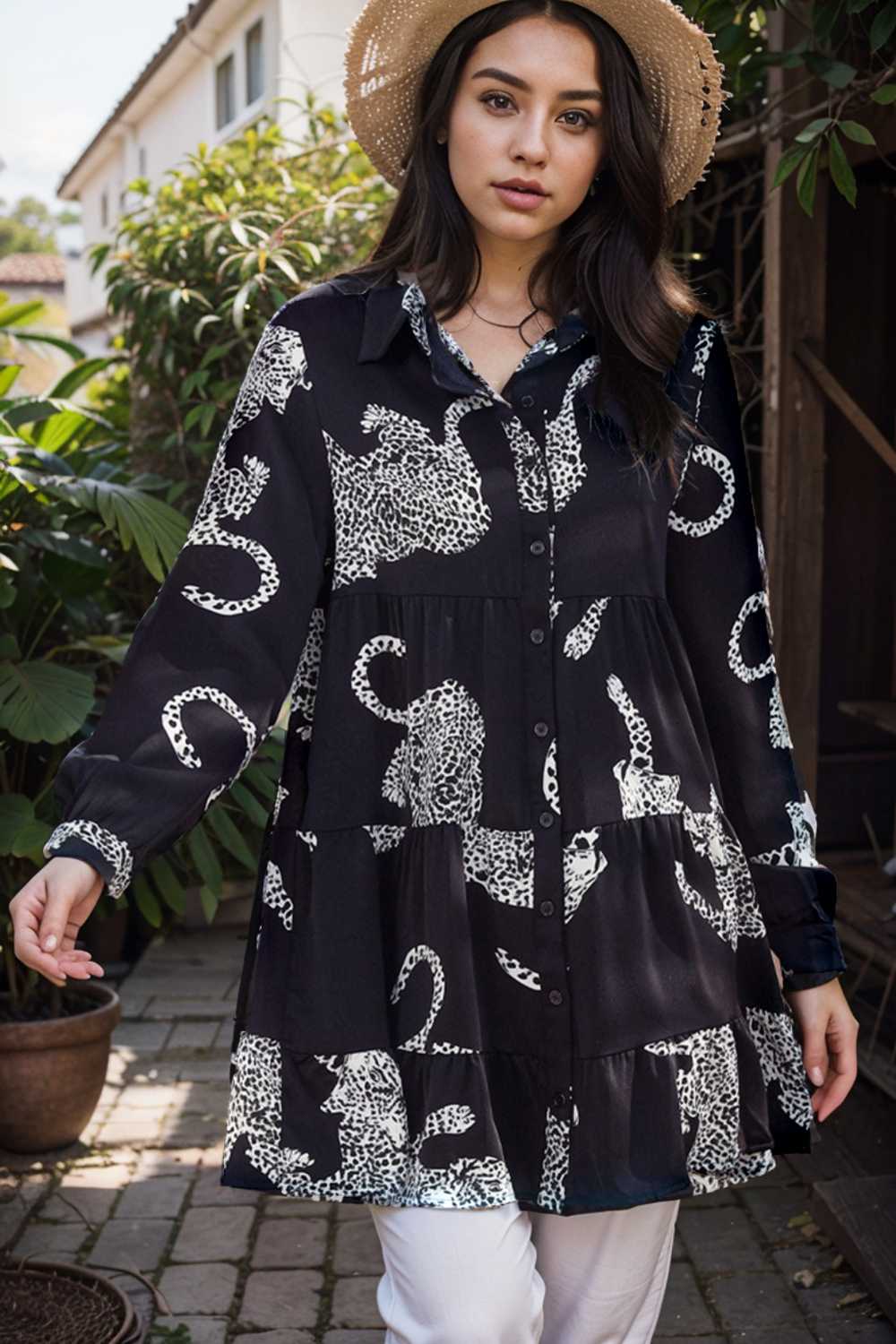 leopard print collared button up shirt dress with ruffled sleeves