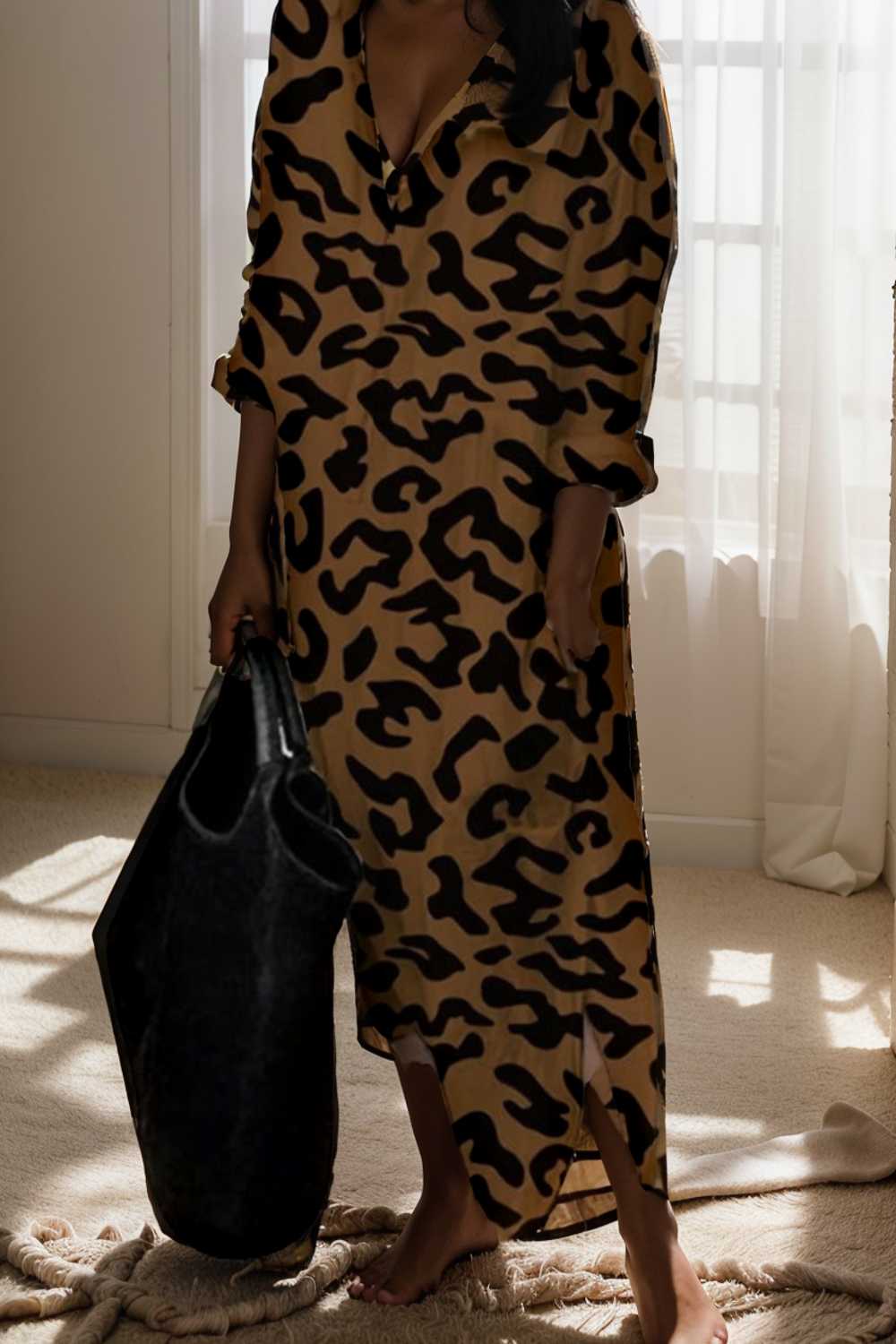 leopard print v neck split long sleeve dress