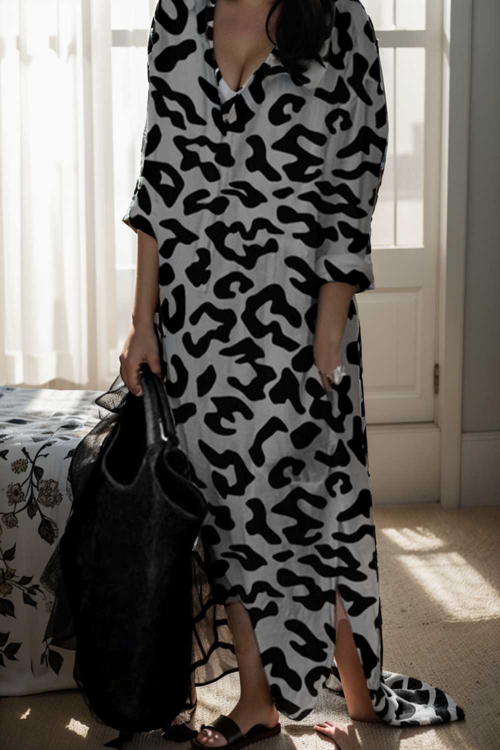 leopard print v neck split long sleeve dress