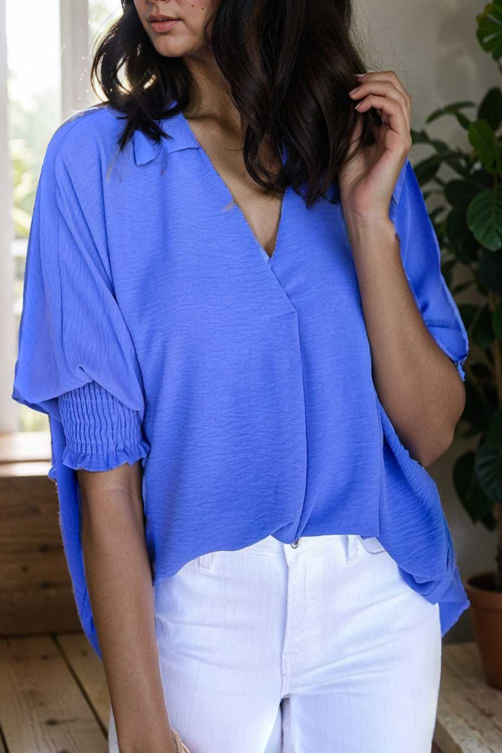 navy blue collared smocked sleeve cuffs loose fit blouse