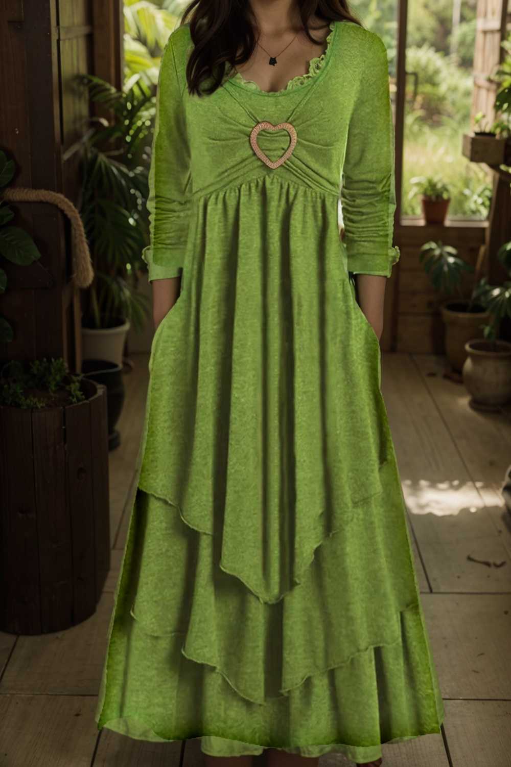 plus size elegant dress women s plus plain long sleeve layered heart ring decor round neck maxi dress