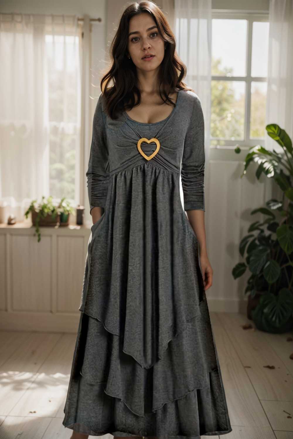 plus size elegant dress women s plus plain long sleeve layered heart ring decor round neck maxi dress