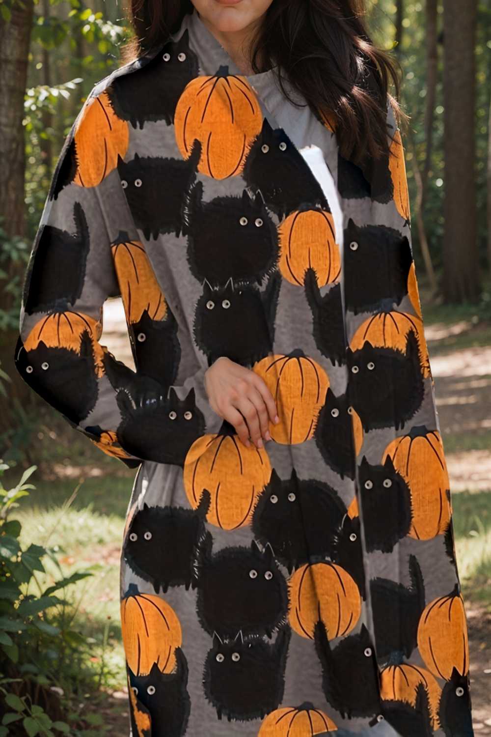 plus size halloween coat women s pus allover cat pumpkin print long sleeve open front medium stretch cardigan overcoat