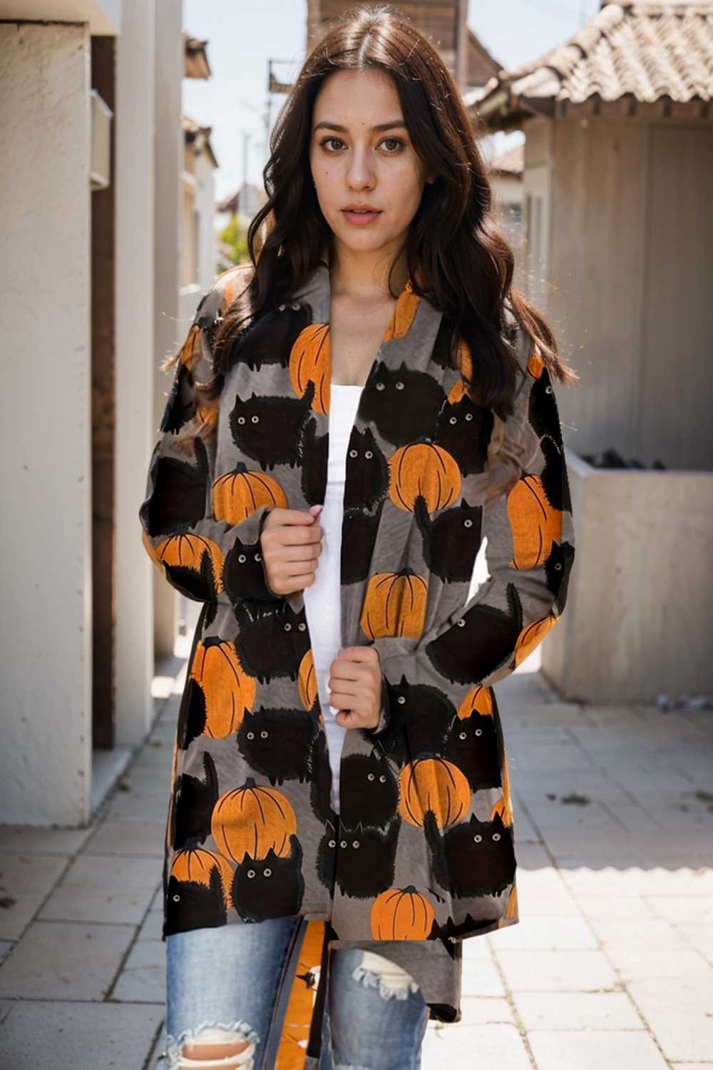 plus size halloween coat women s pus allover cat pumpkin print long sleeve open front medium stretch cardigan overcoat