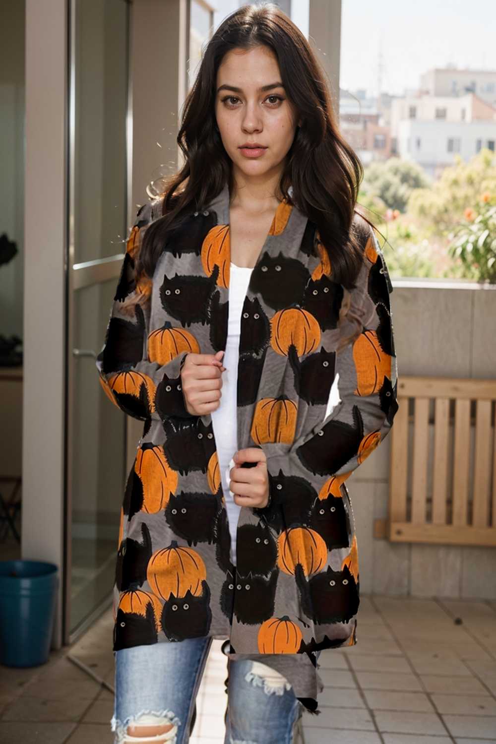 plus size halloween coat women s pus allover cat pumpkin print long sleeve open front medium stretch cardigan overcoat
