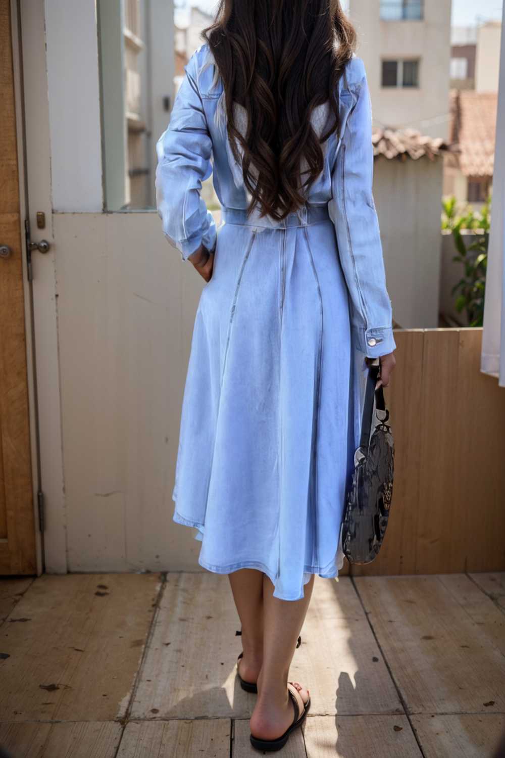 pocket lapel belted long sleeve denim dress