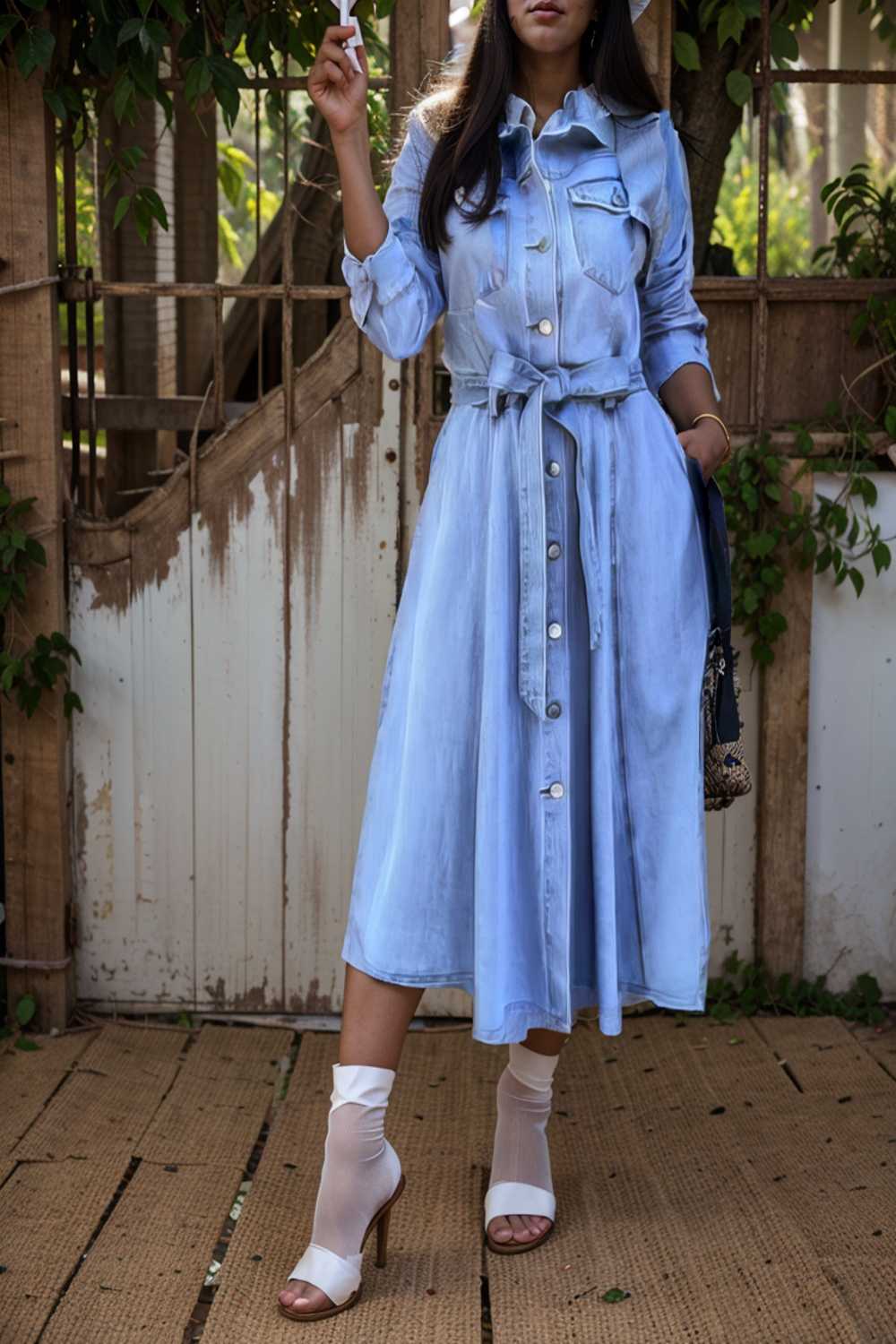 pocket lapel belted long sleeve denim dress
