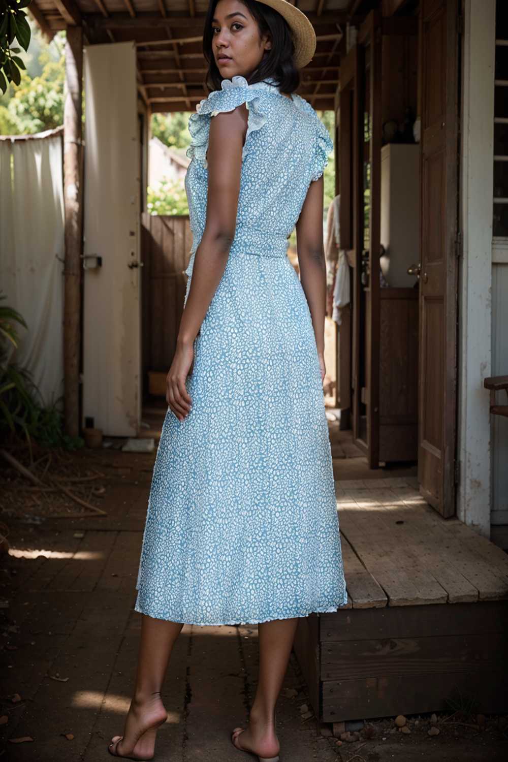 printed tied flutter sleeve midi dress