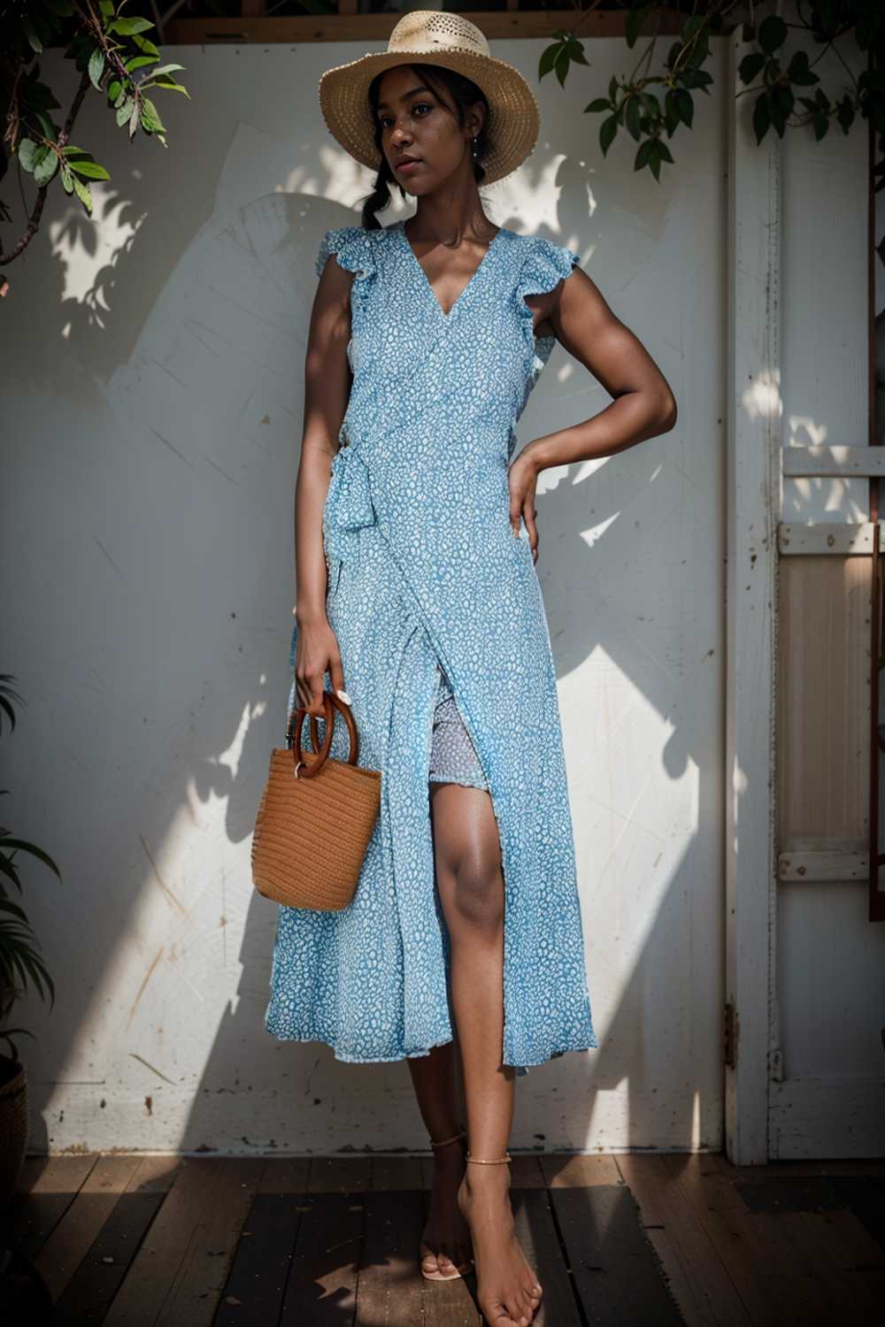printed tied flutter sleeve midi dress