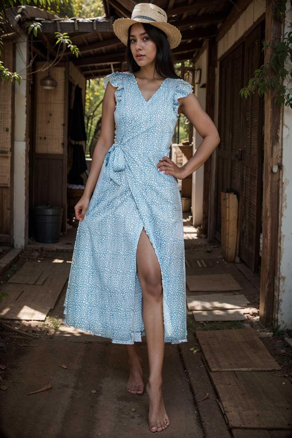 printed tied flutter sleeve midi dress