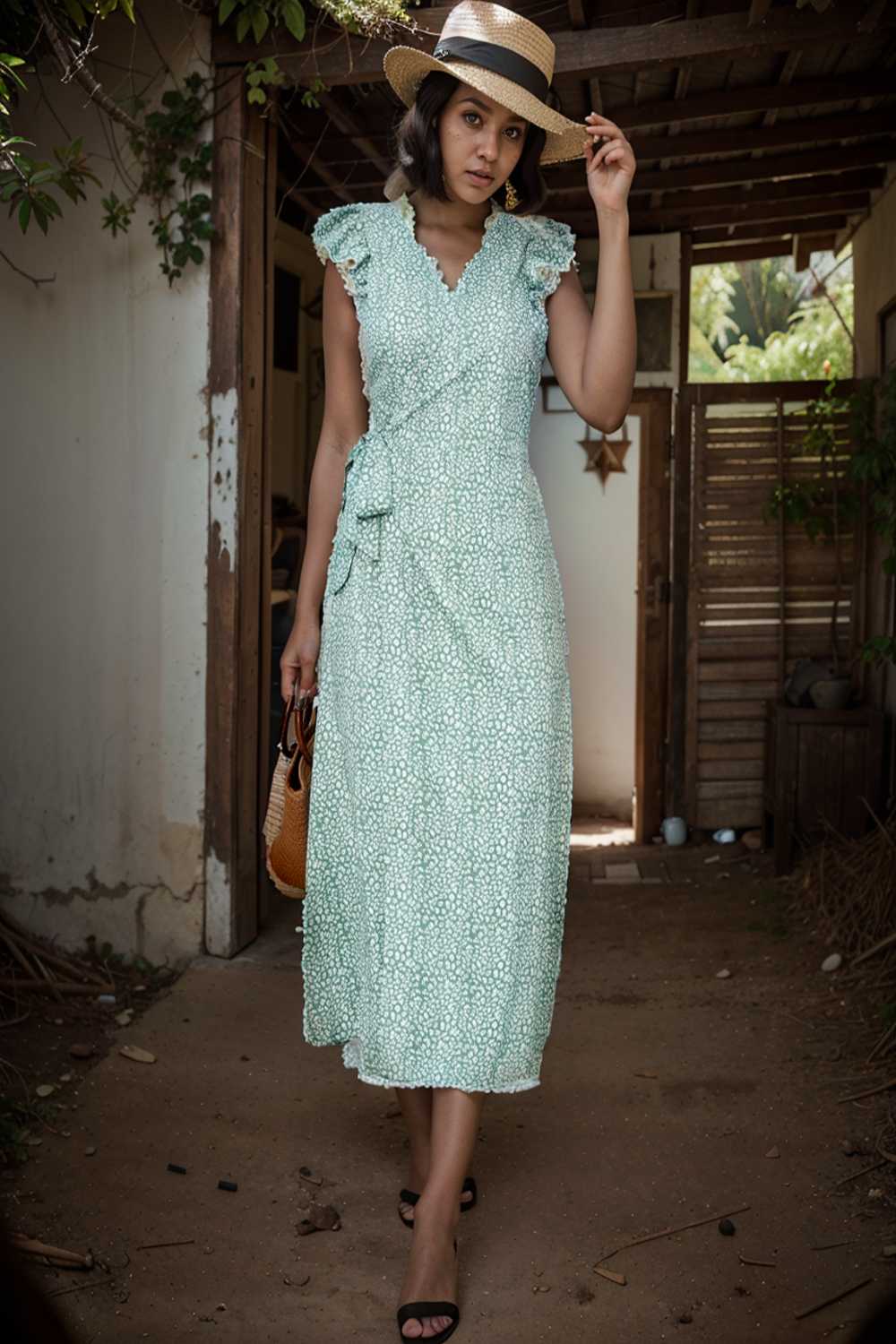 printed tied flutter sleeve midi dress