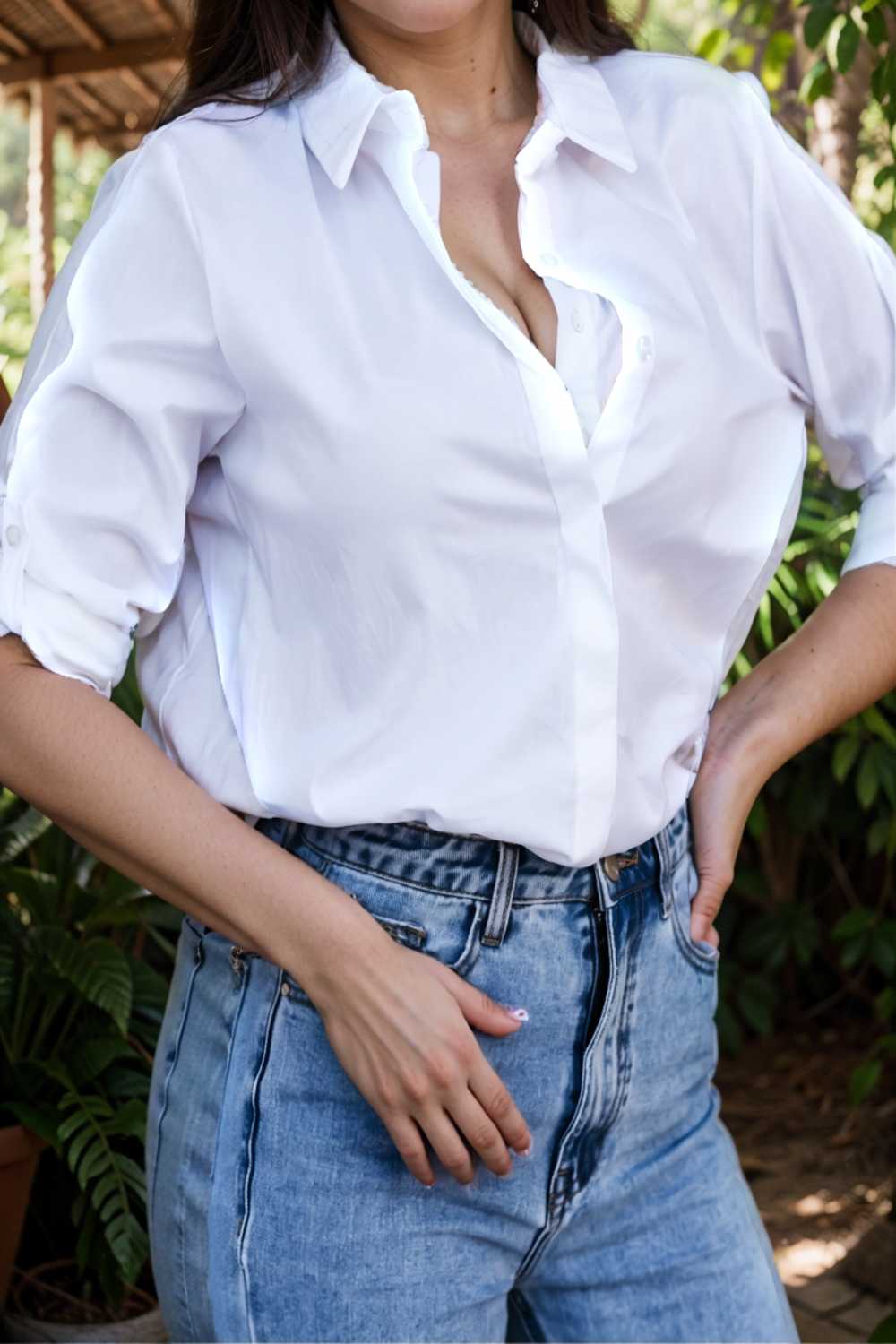 simple long sleeve v neck button blouses