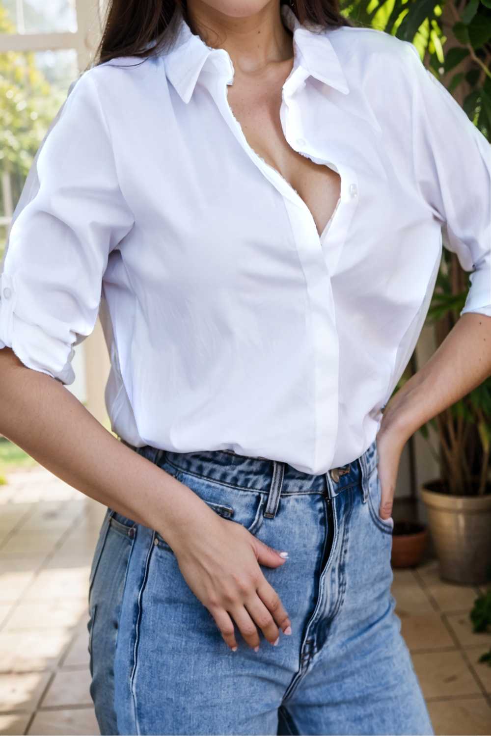 simple long sleeve v neck button blouses