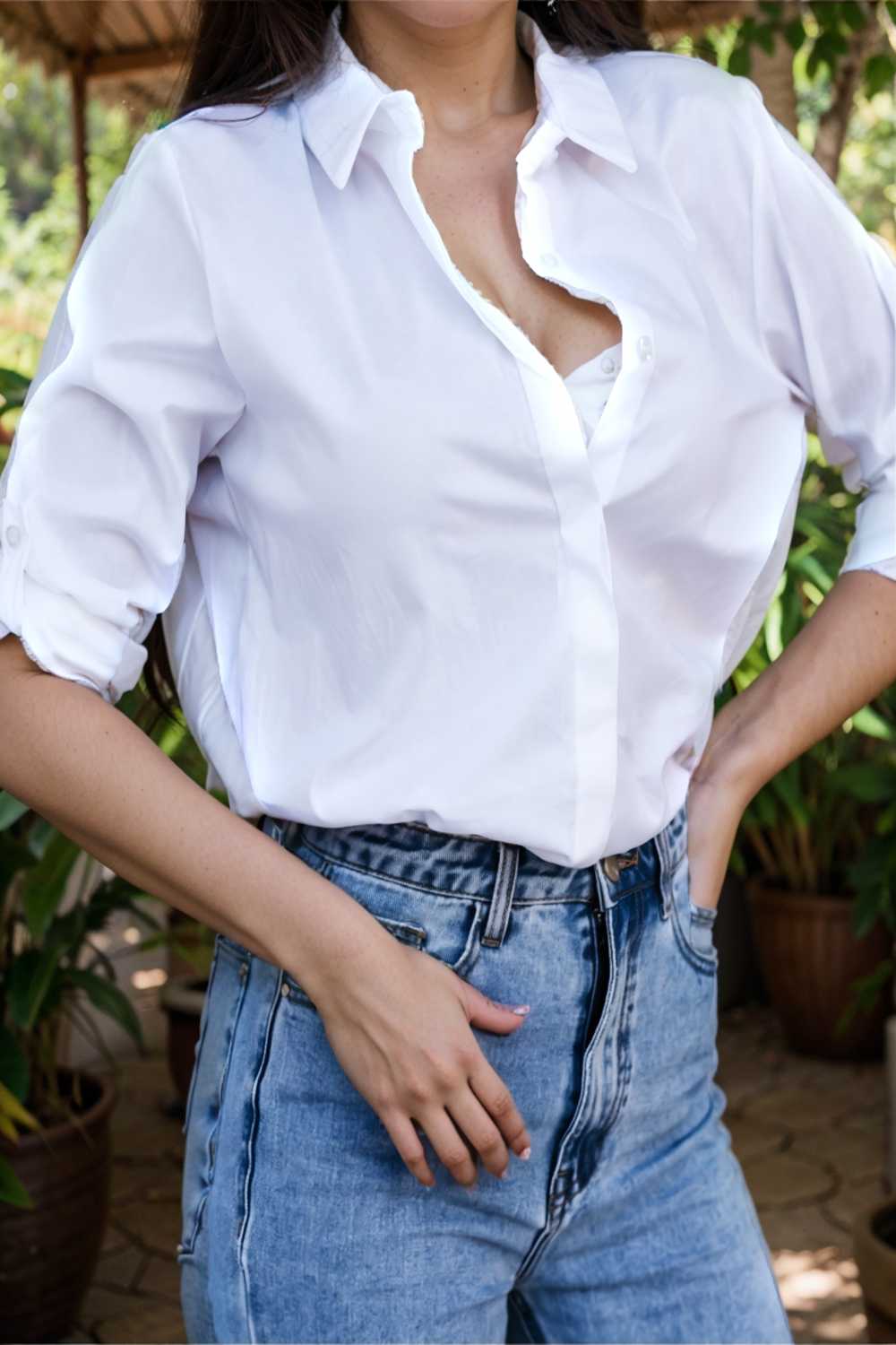 simple long sleeve v neck button blouses