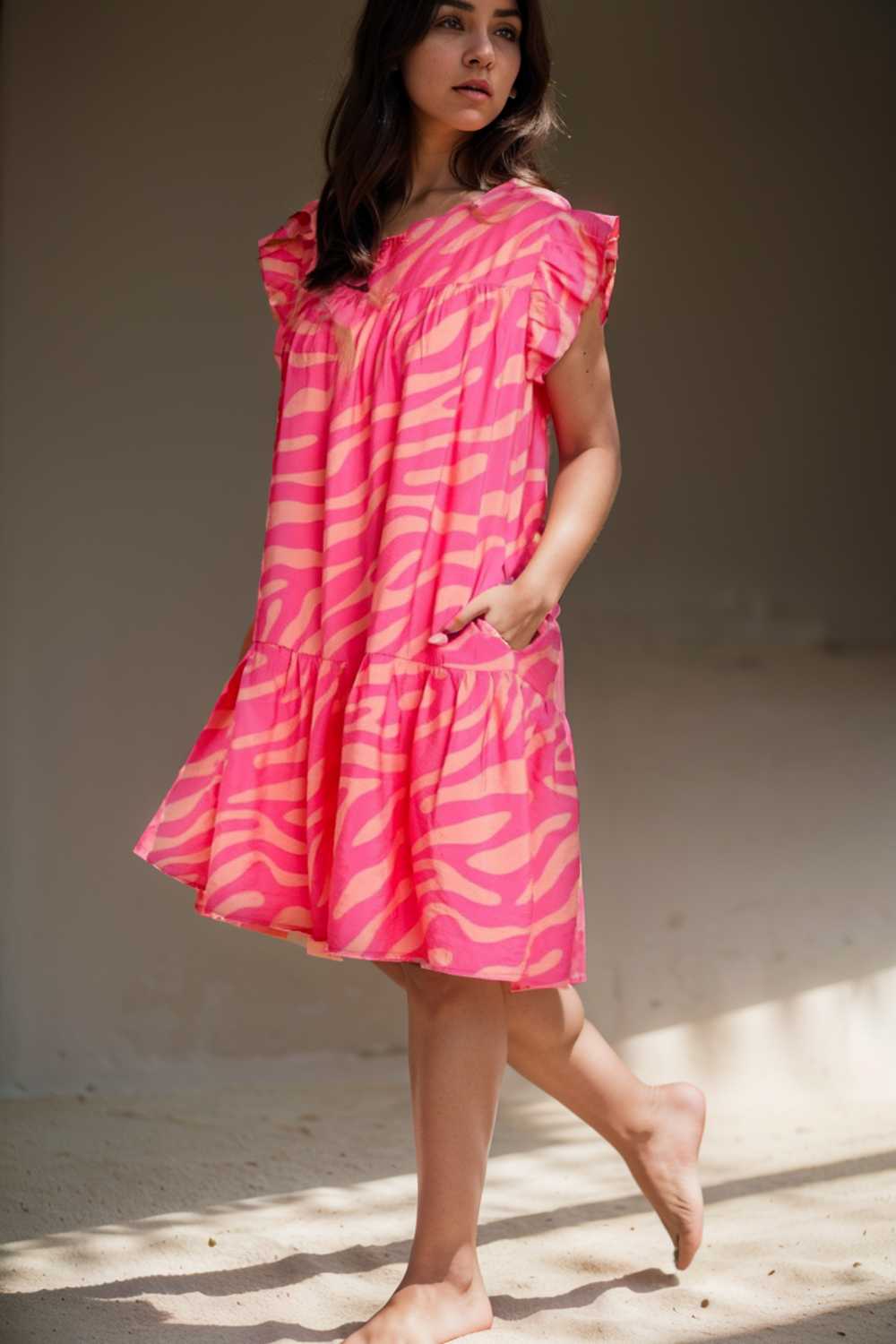 sloping shoulder ruffle print dress