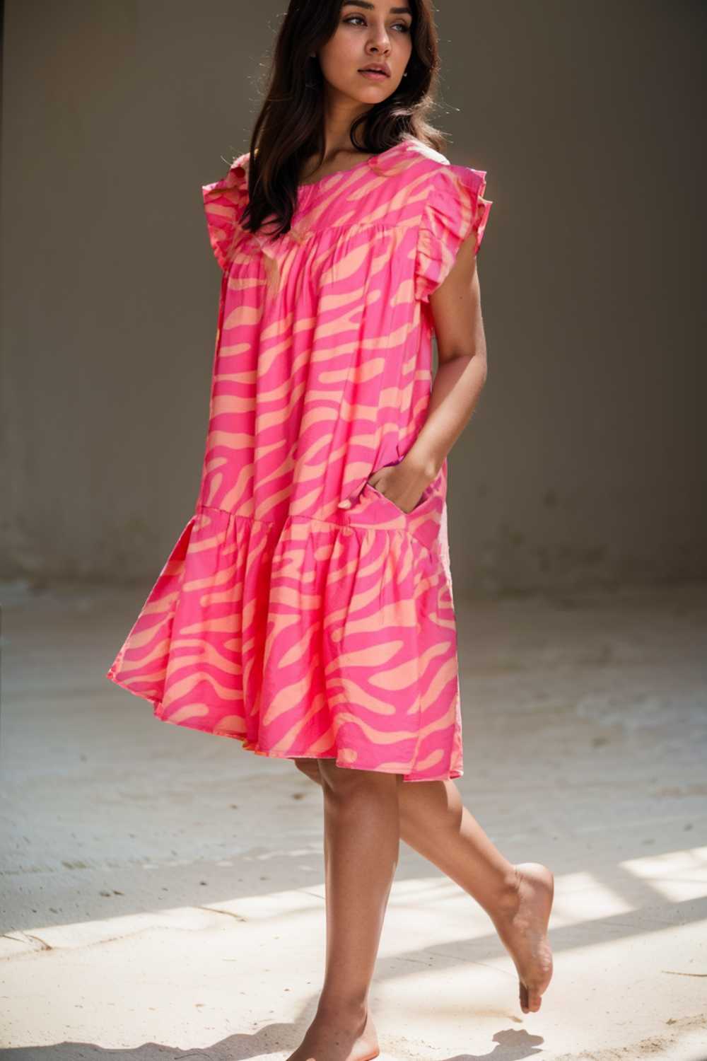 sloping shoulder ruffle print dress