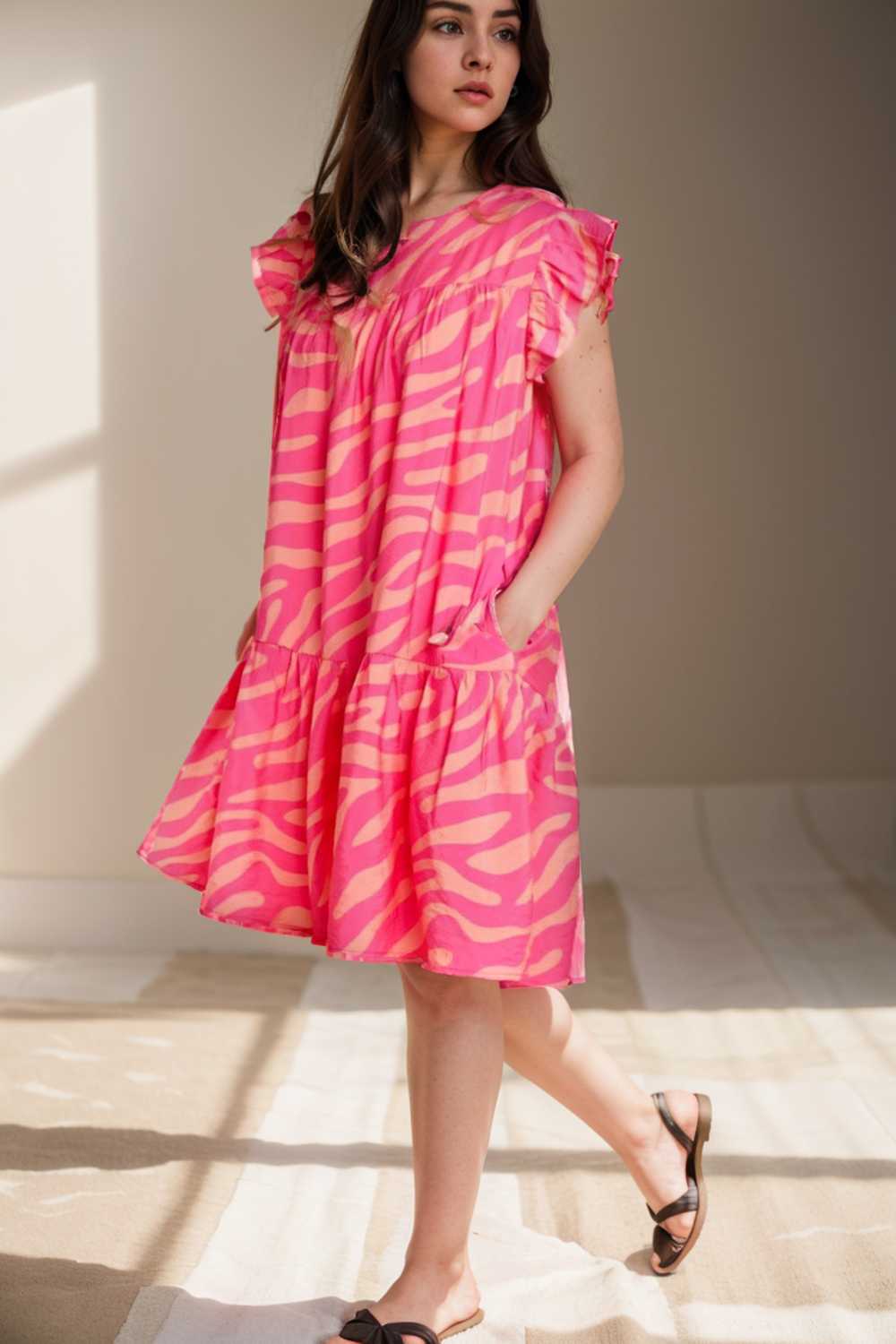 sloping shoulder ruffle print dress