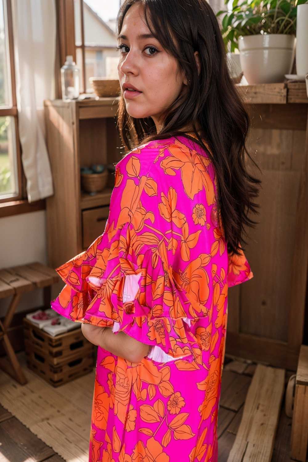sloping shoulder ruffle print dress