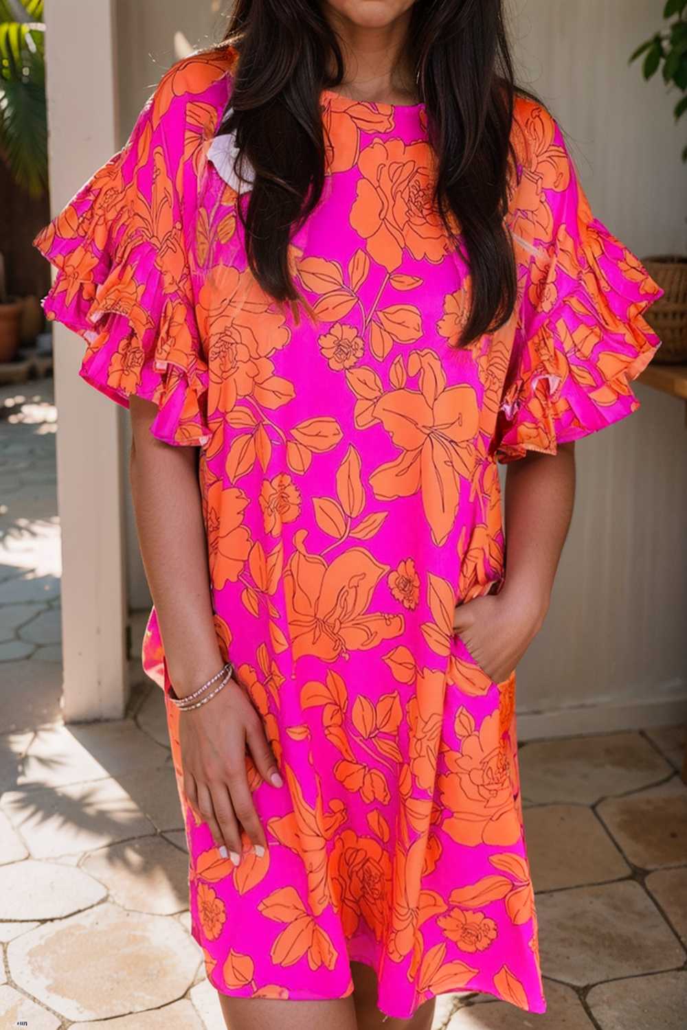 sloping shoulder ruffle print dress