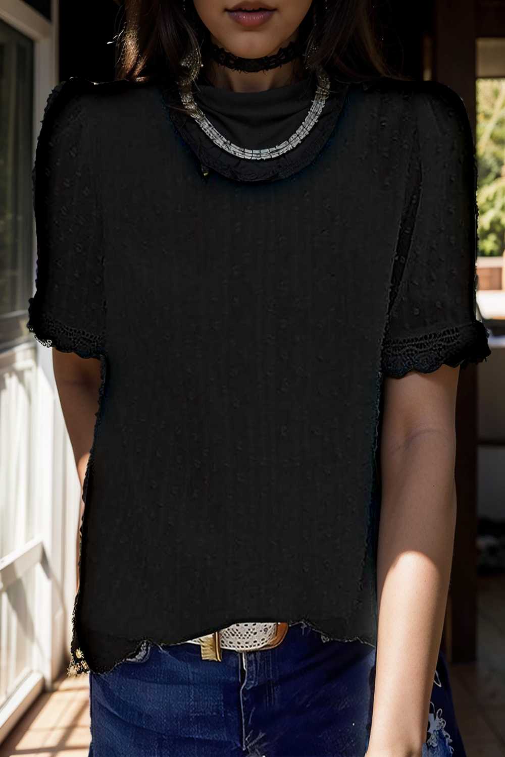 solid chiffon round neck short sleeve top