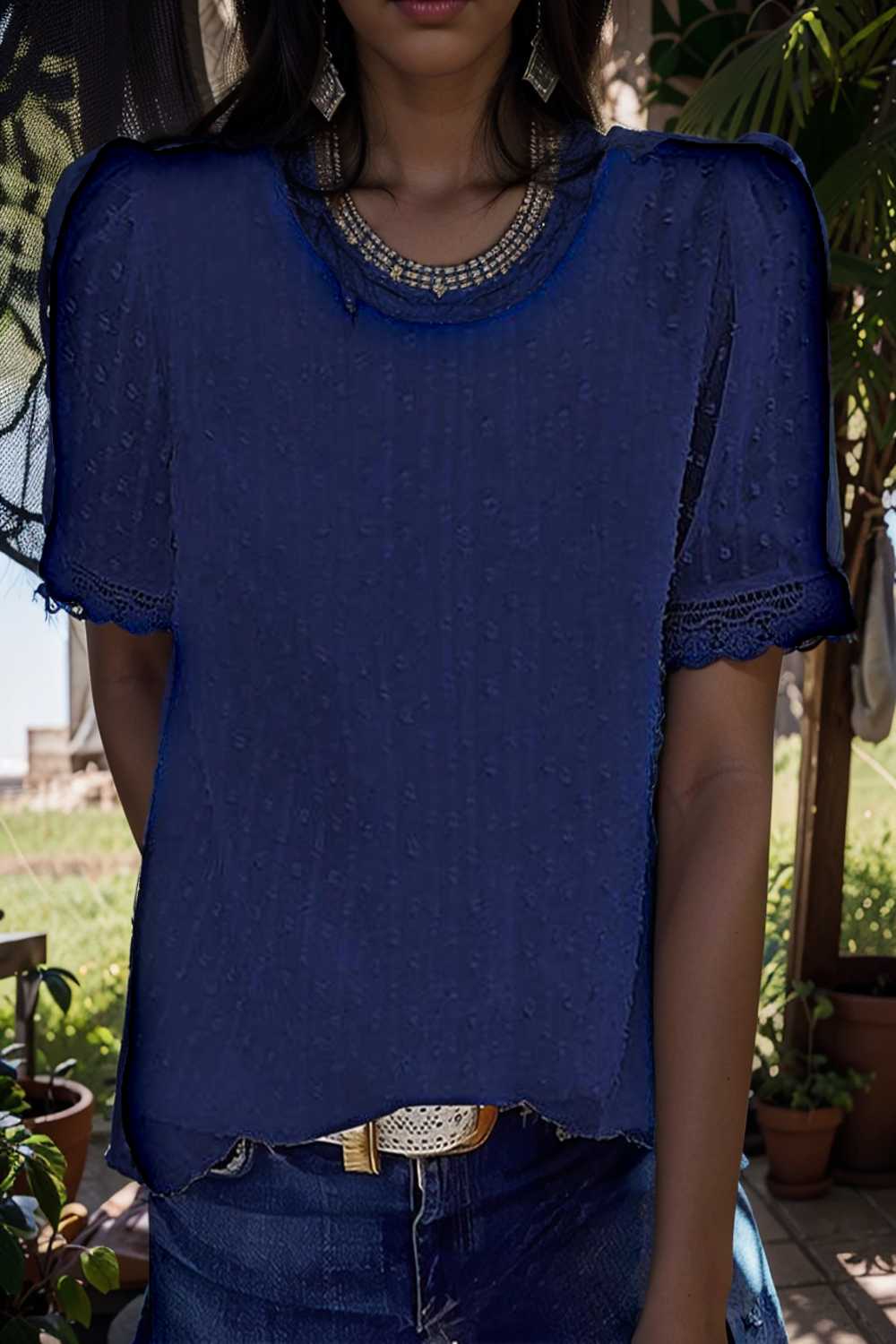 solid chiffon round neck short sleeve top