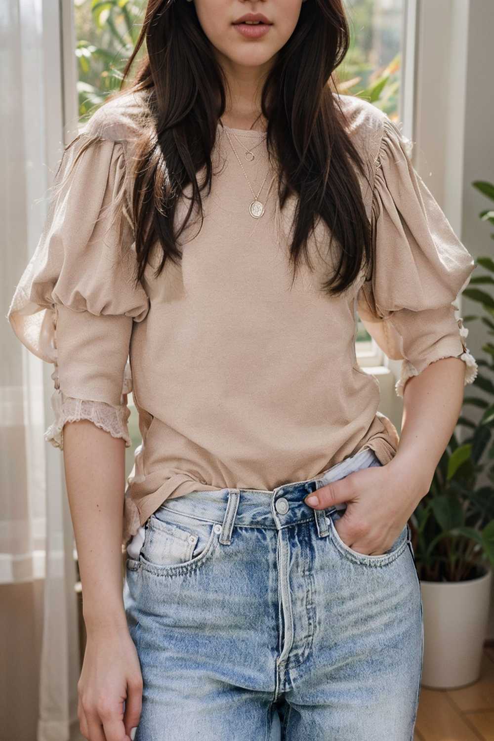 solid color button loose casual round neck t shirt