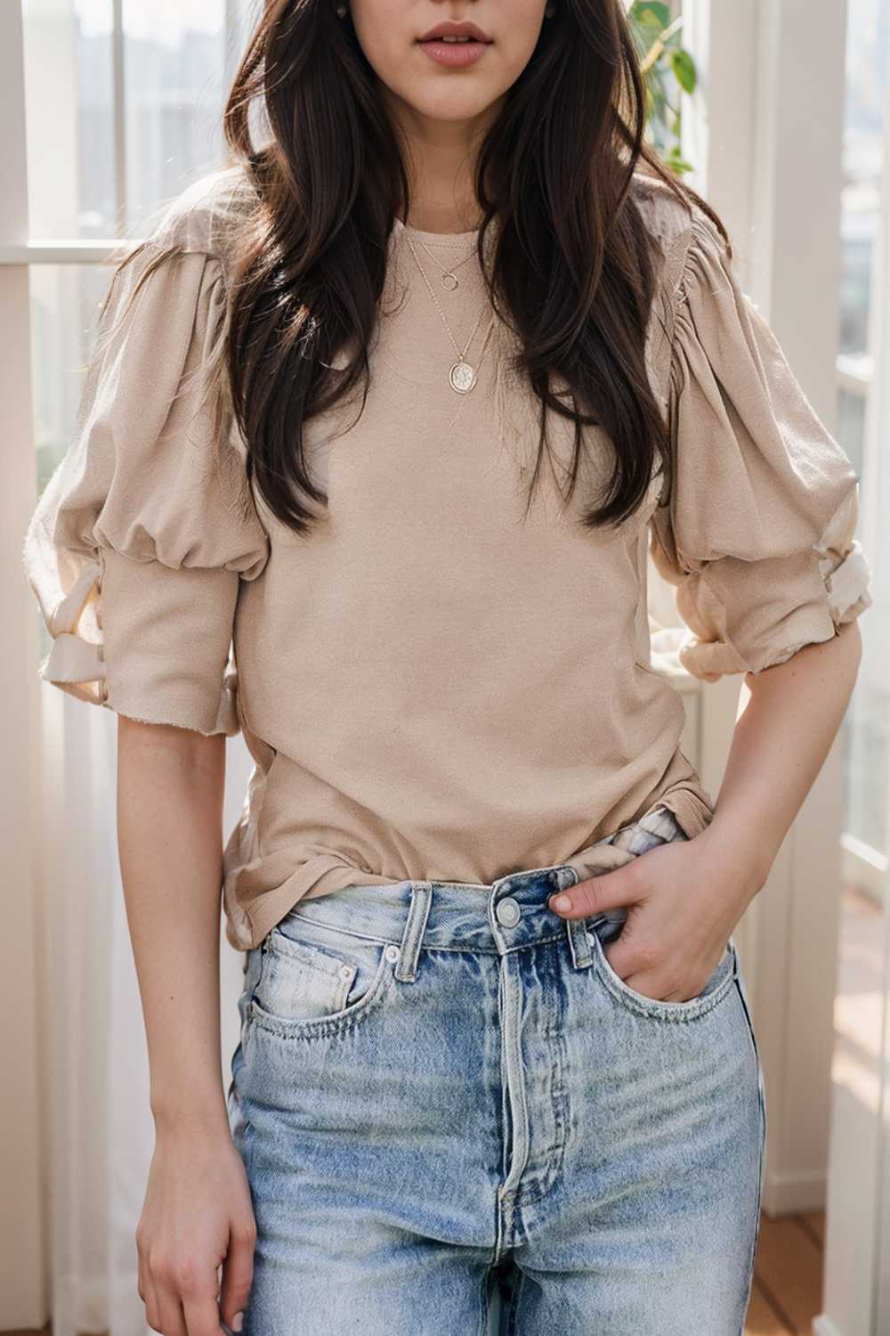 solid color button loose casual round neck t shirt