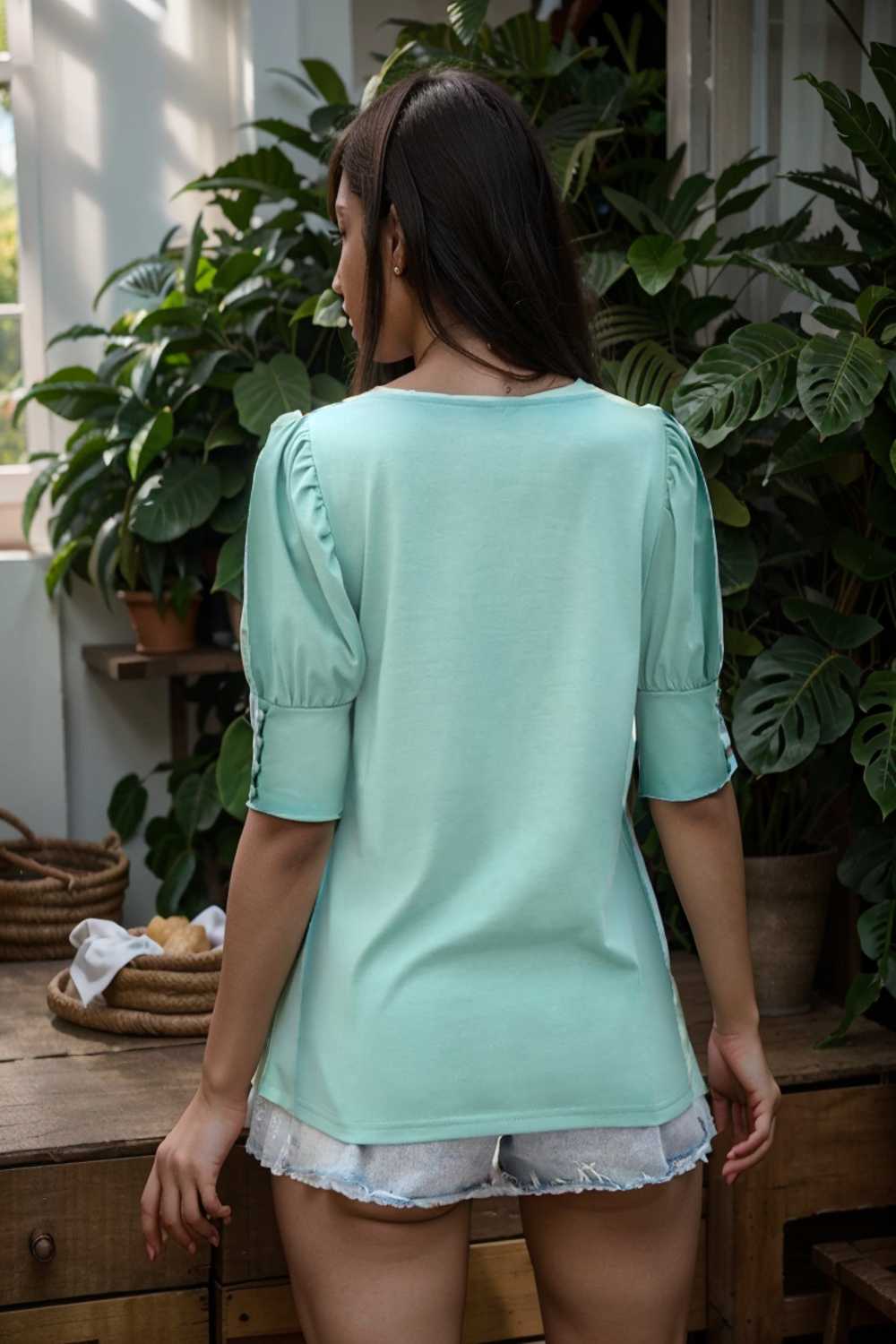 solid color button loose casual round neck t shirt