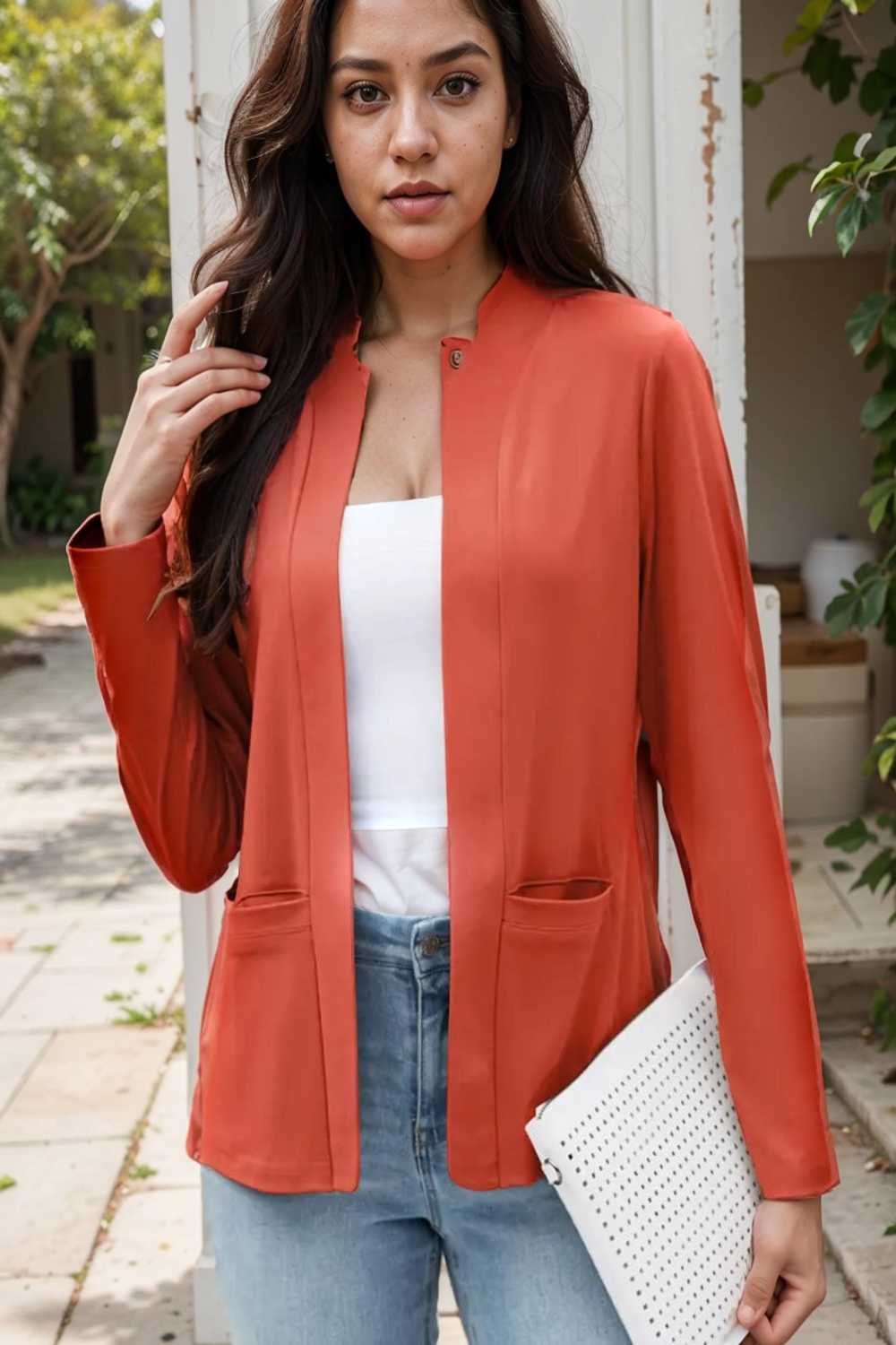 solid long sleeves pockets open front versatile blazer