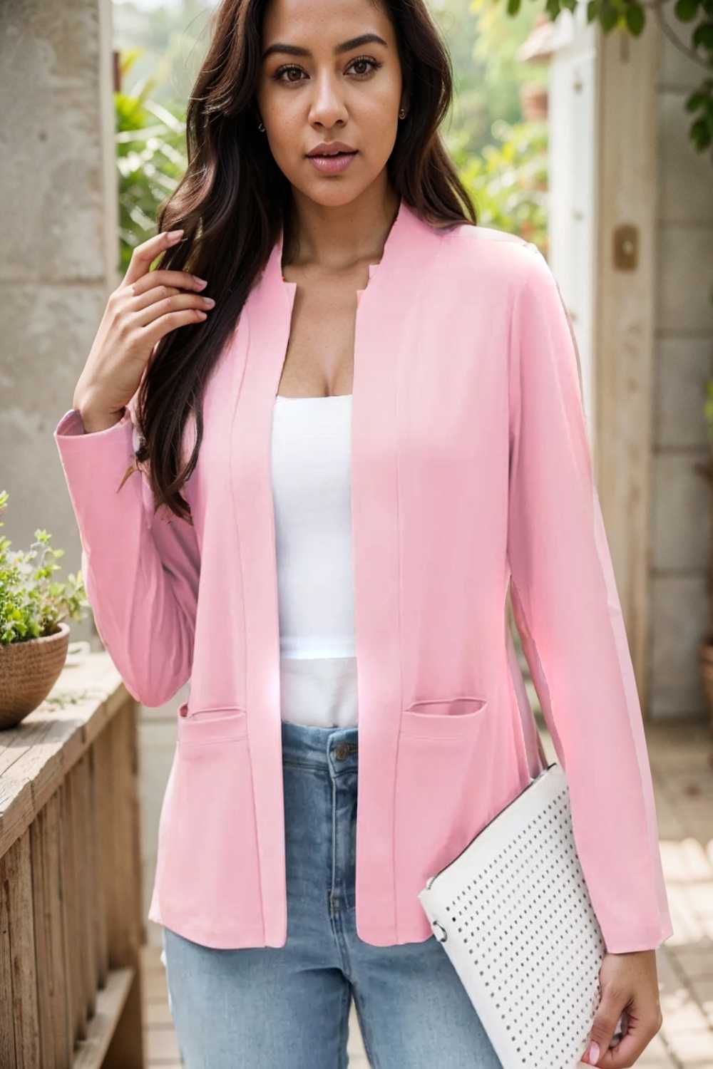 solid long sleeves pockets open front versatile blazer