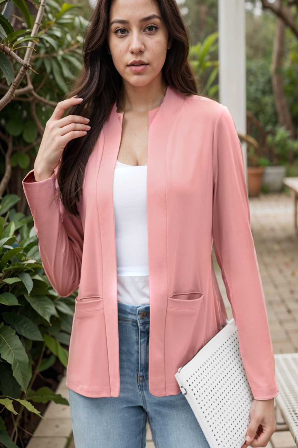 solid long sleeves pockets open front versatile blazer