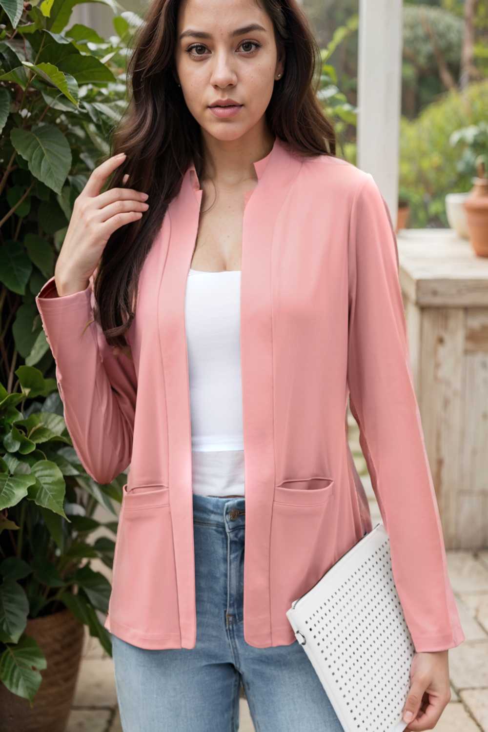 solid long sleeves pockets open front versatile blazer