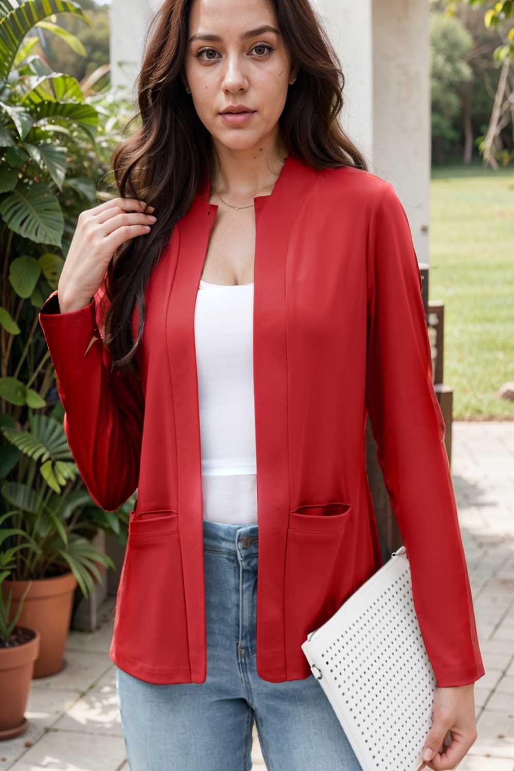 solid long sleeves pockets open front versatile blazer