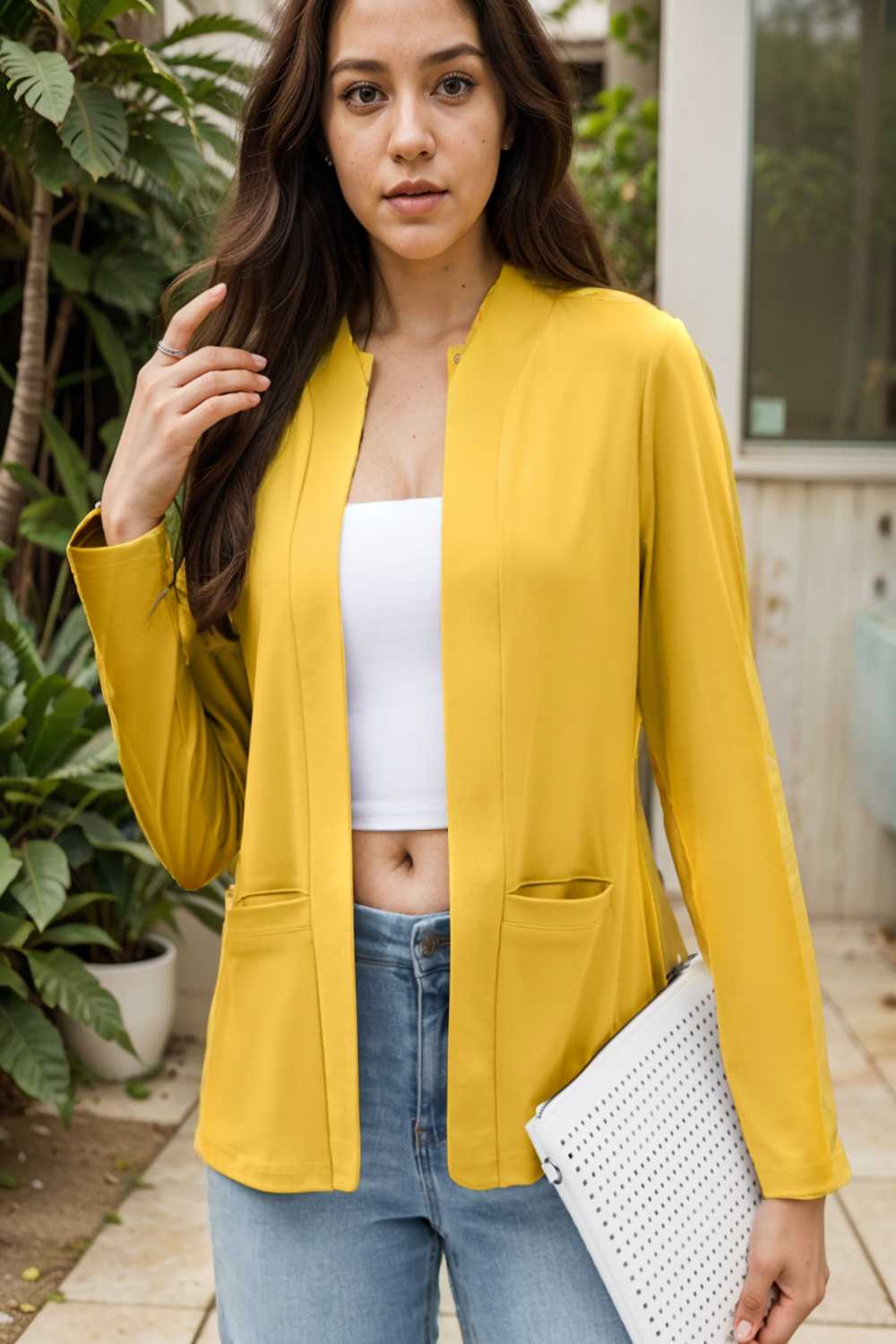 solid long sleeves pockets open front versatile blazer