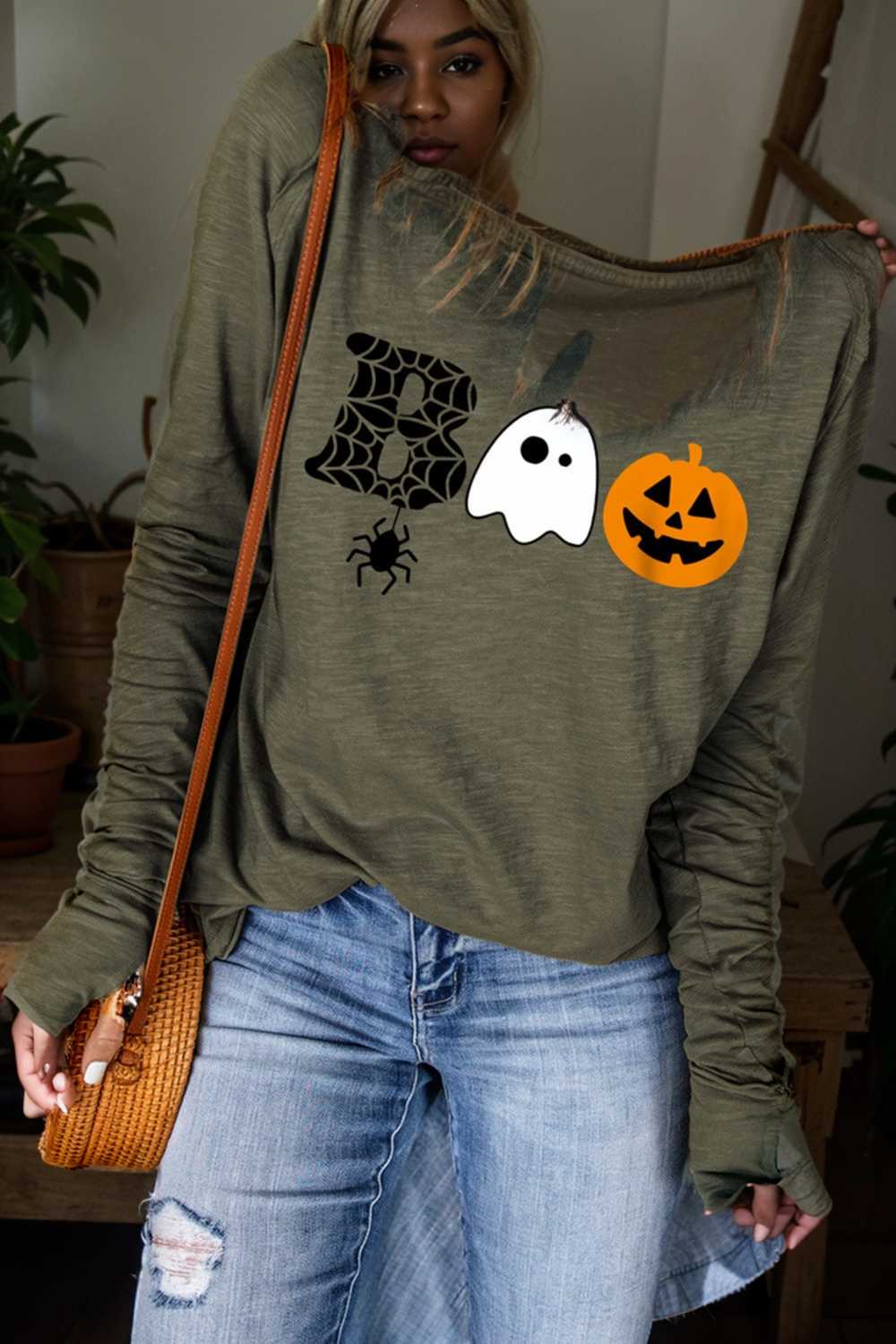 spooky halloween boo graphic print green long sleeve tee