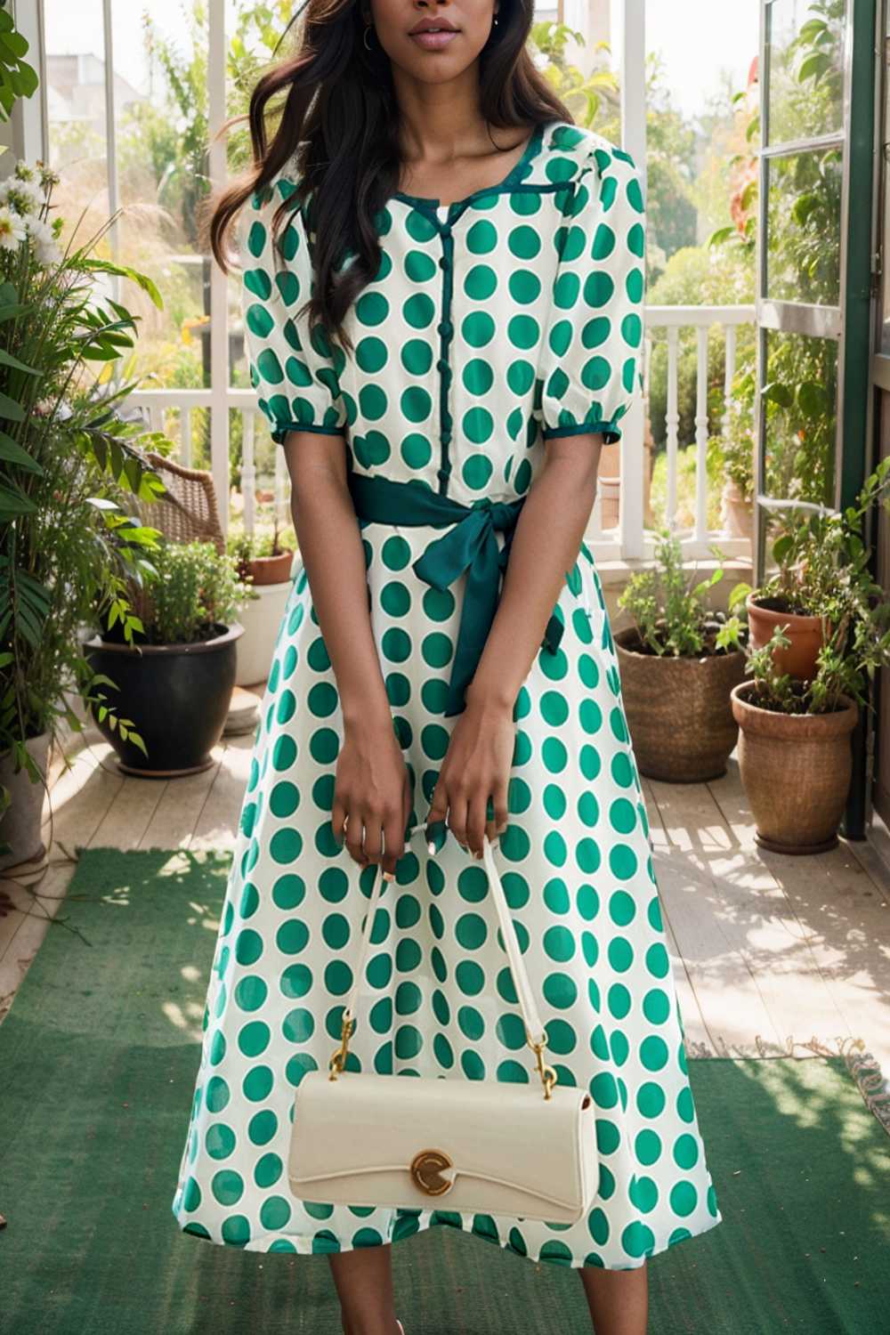 stylish printed high waist polka dot midi dress