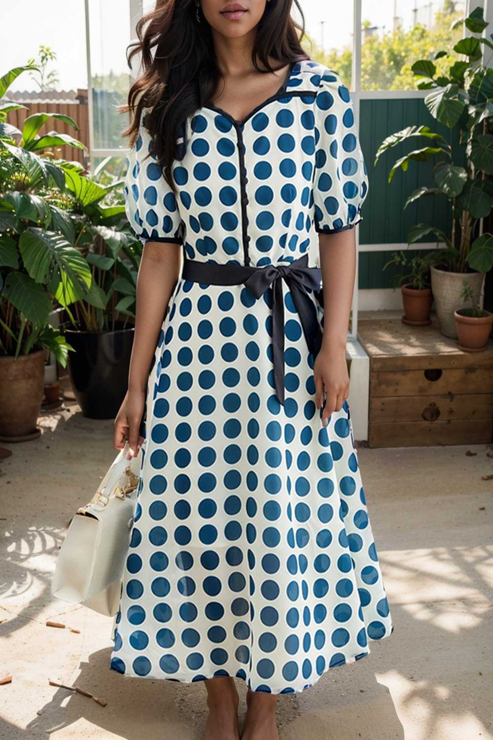 stylish printed high waist polka dot midi dress