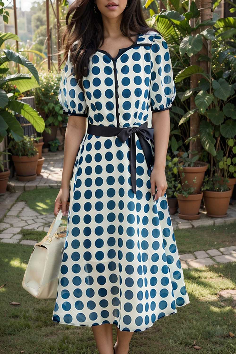 stylish printed high waist polka dot midi dress