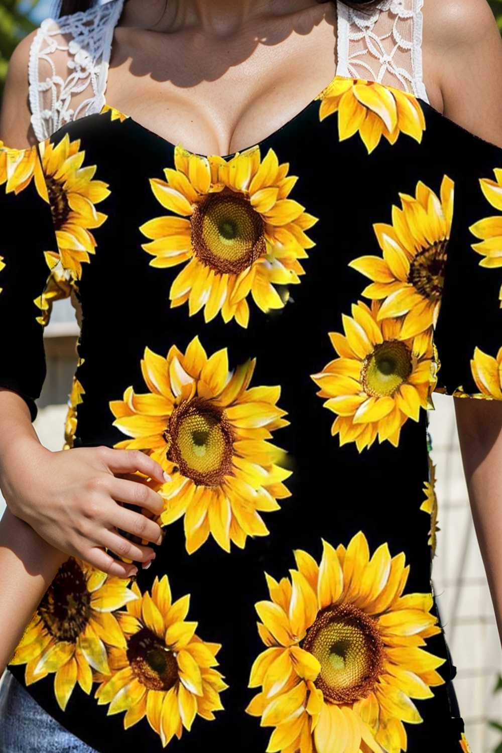 sunflower print off shoulder hollow wide shoulder strap t shirt