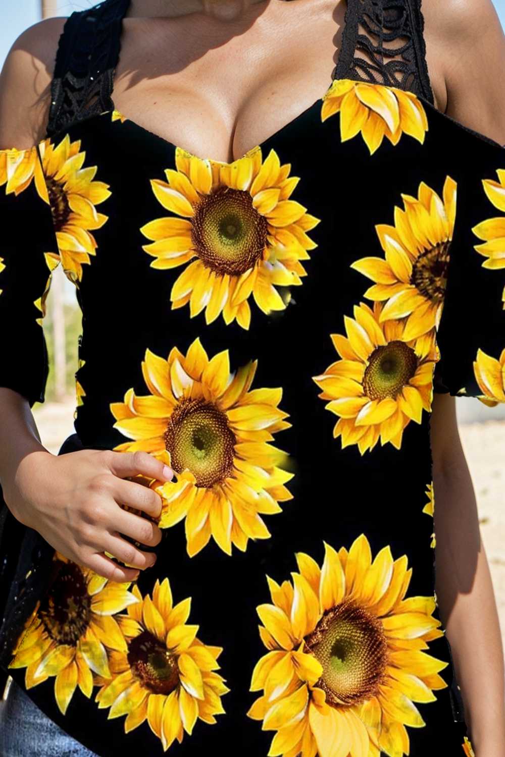 sunflower print off shoulder hollow wide shoulder strap t shirt