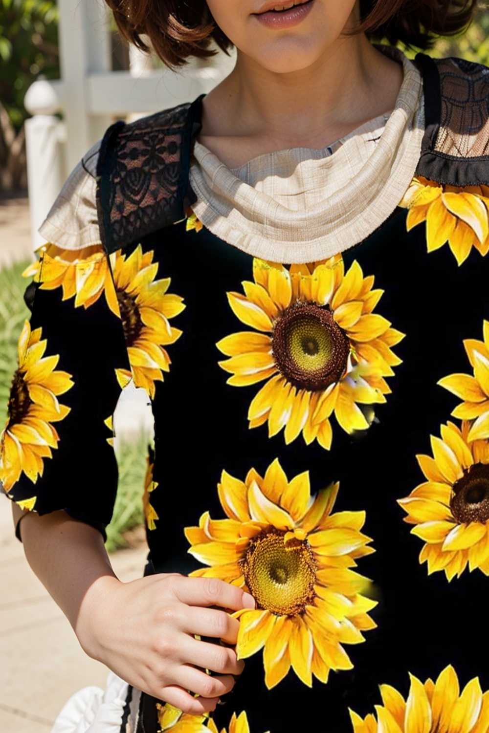 sunflower print off shoulder hollow wide shoulder strap t shirt