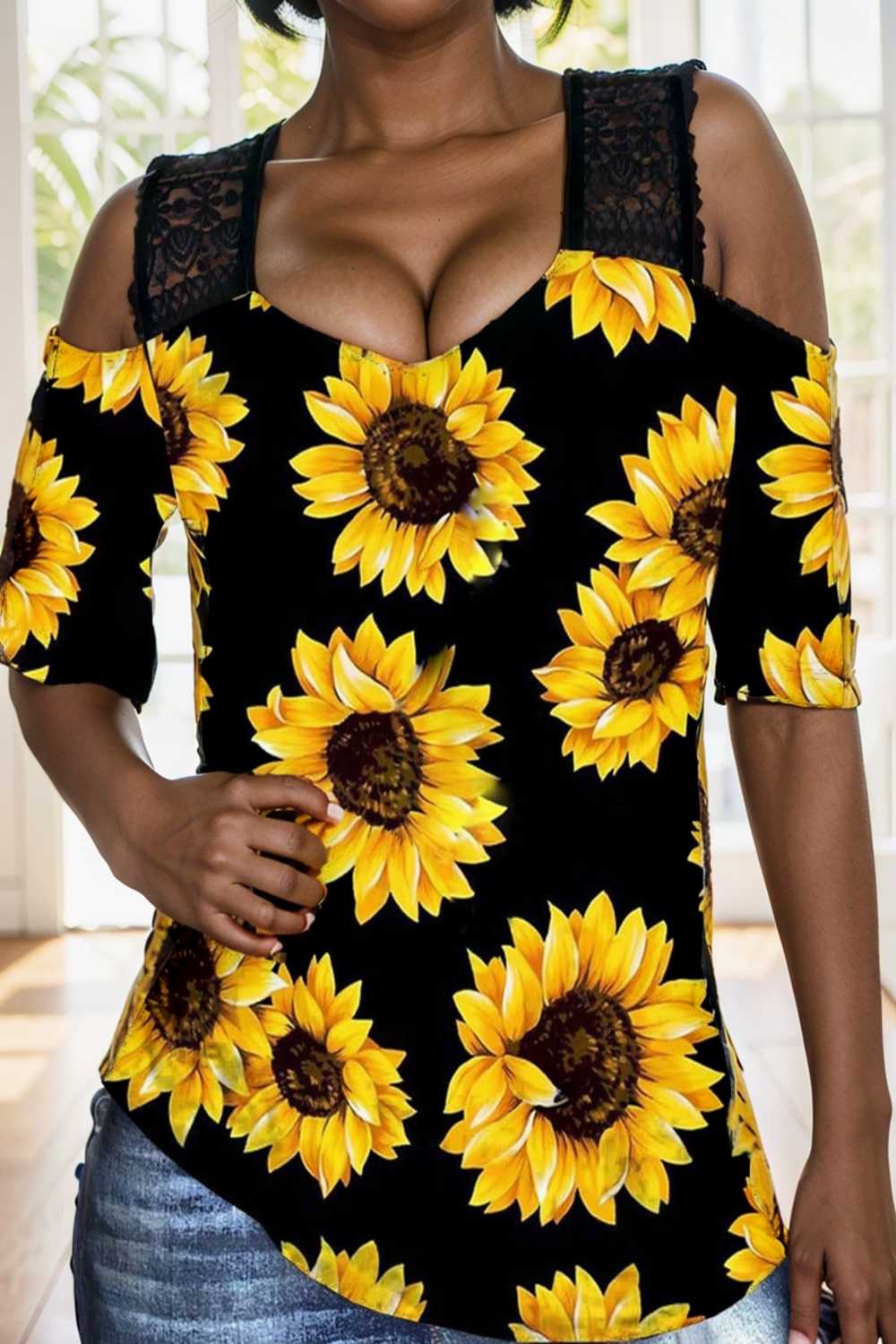 sunflower print off shoulder hollow wide shoulder strap t shirt