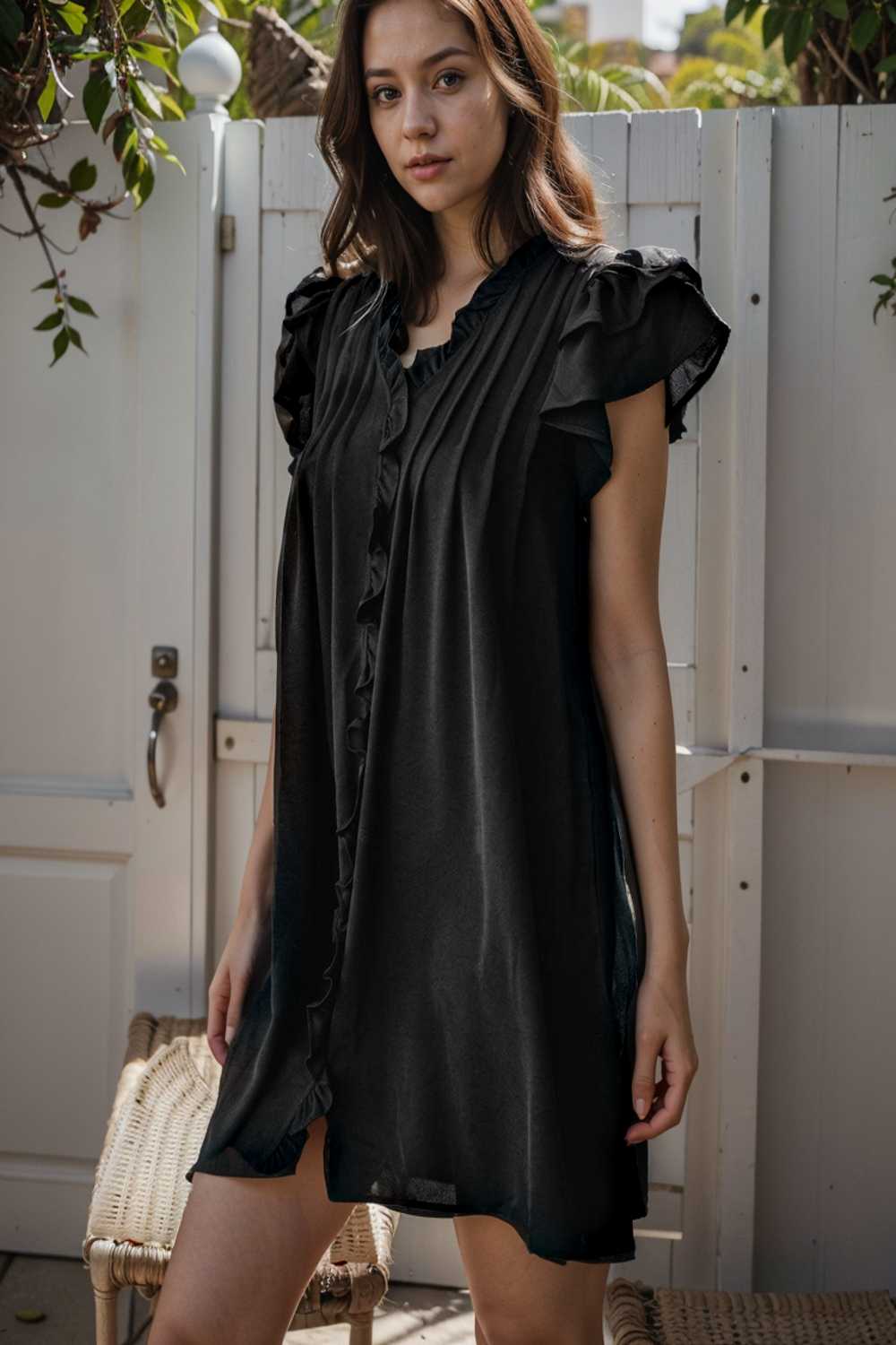 sweet black ruffle sleeve v neck mini shift dress