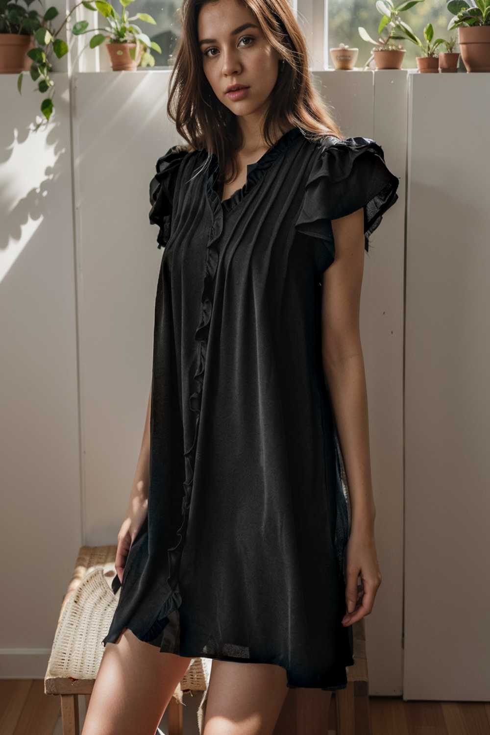 sweet black ruffle sleeve v neck mini shift dress