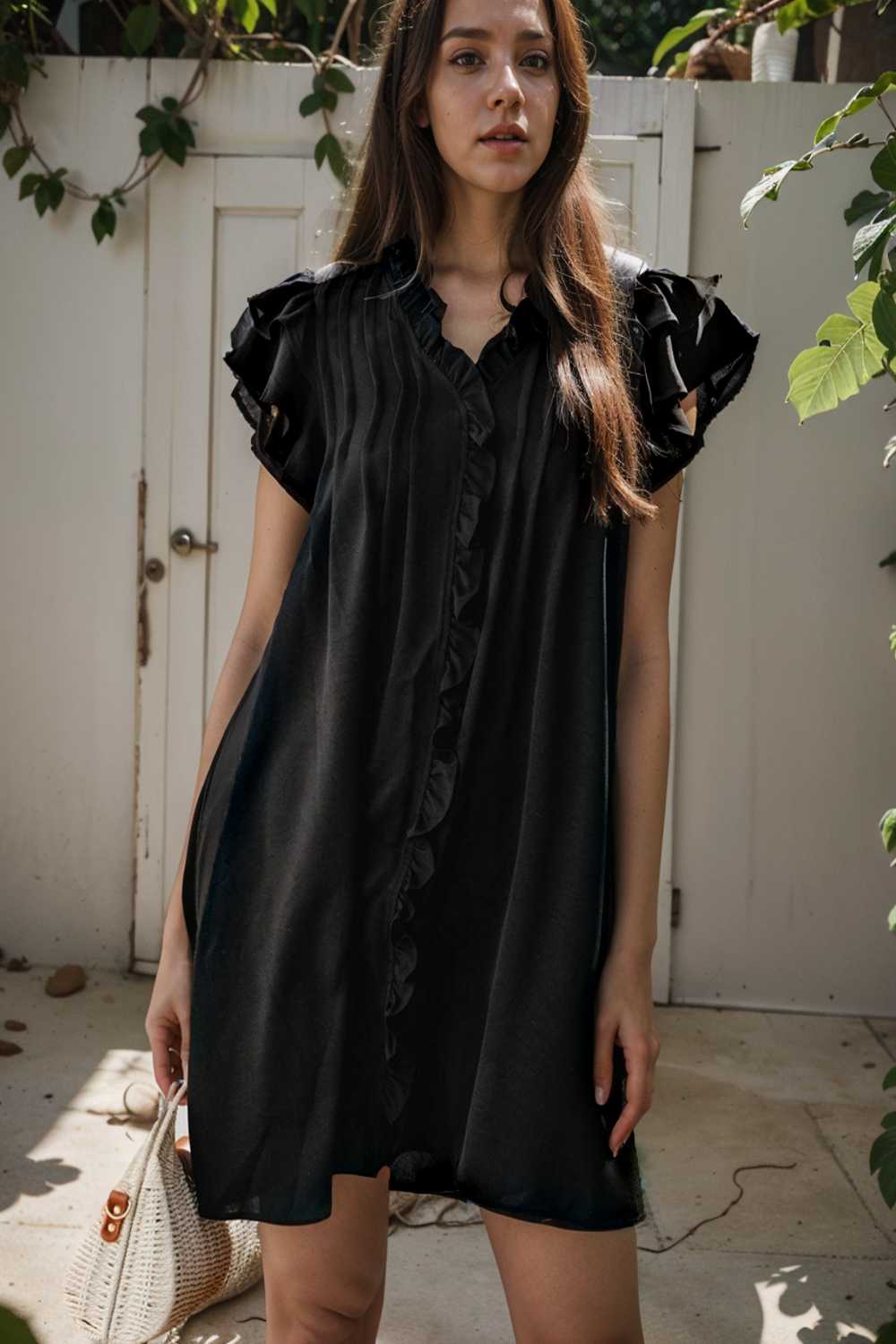 sweet black ruffle sleeve v neck mini shift dress