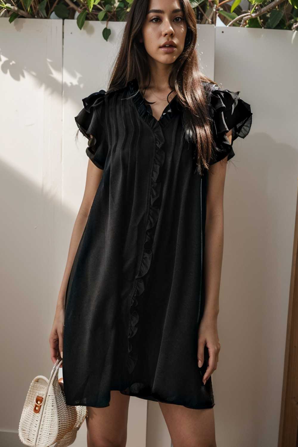 sweet black ruffle sleeve v neck mini shift dress