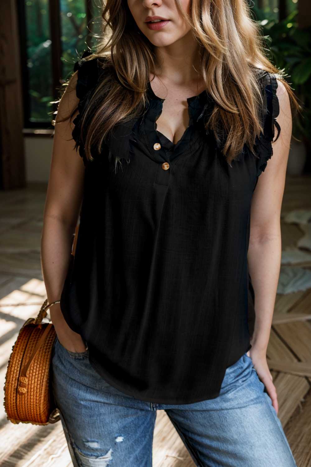 temperament commuter ruffle stitching v neck pullover sleeveless vest