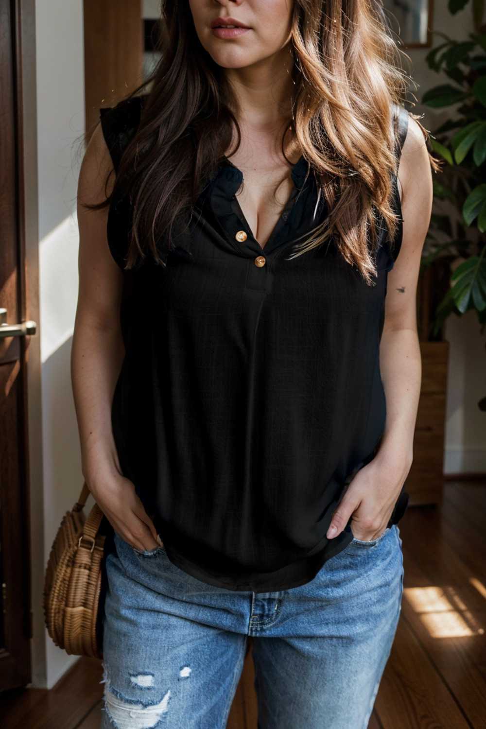 temperament commuter ruffle stitching v neck pullover sleeveless vest