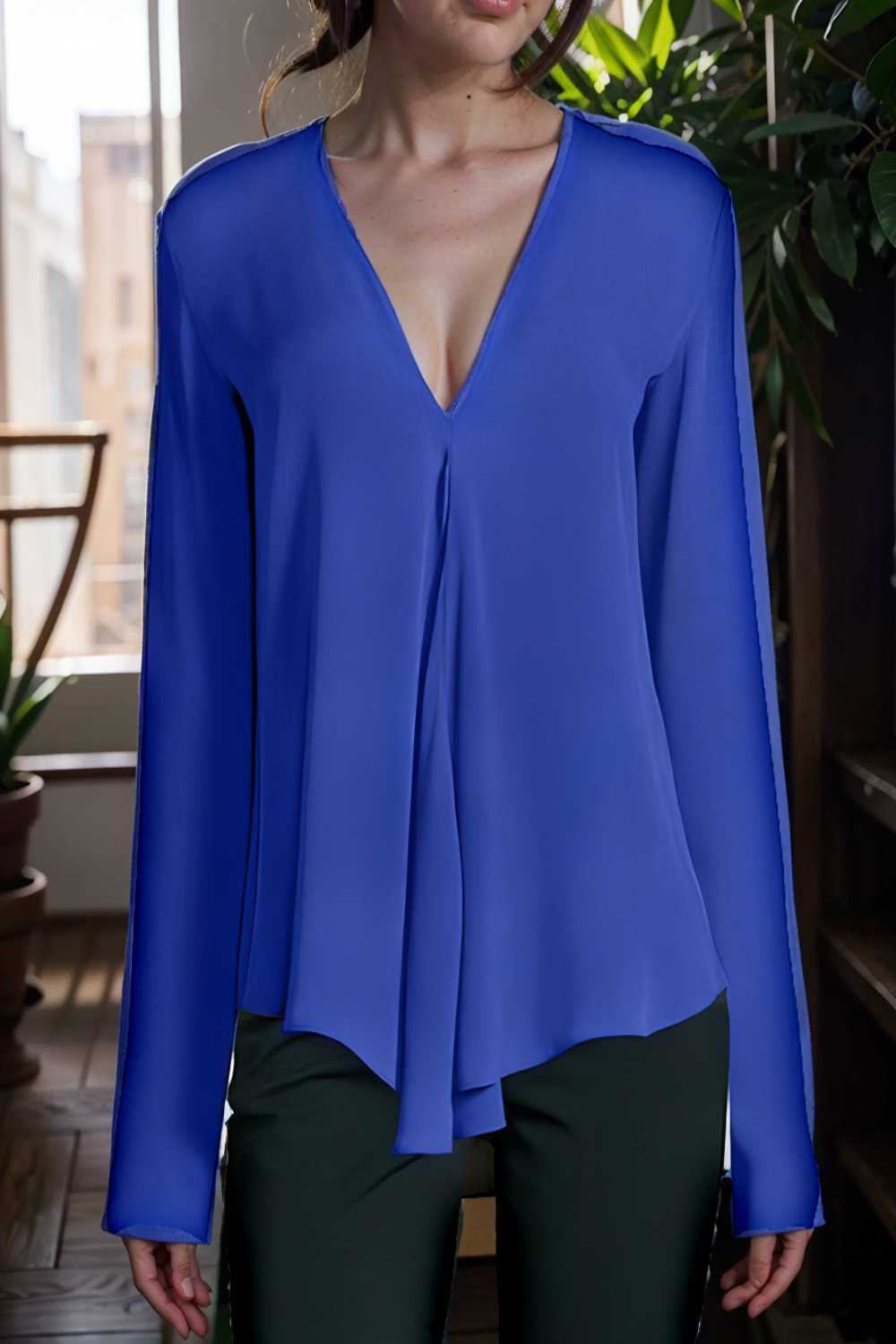 v neck long sleeved chiffon solid blouse drop shoulder closed shirt